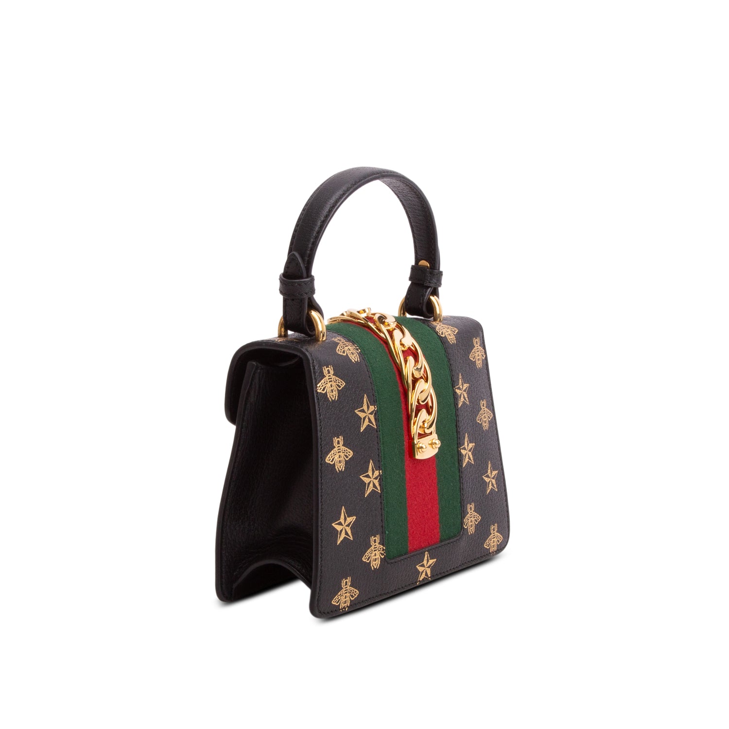 Gucci Black Textured Calfskin Bee Star Print Mini Sylvie Top Handle Bag w/ Straps