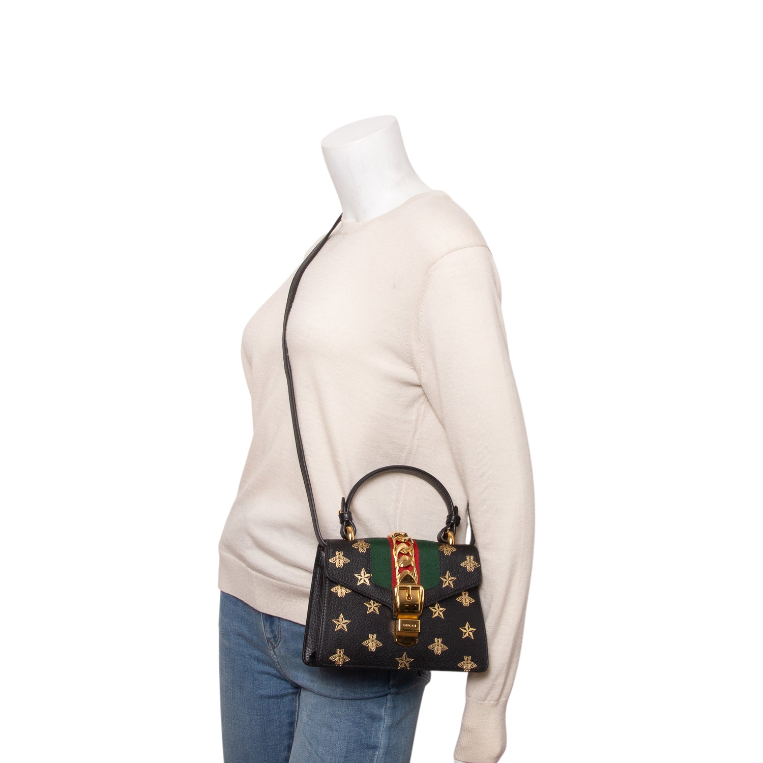 Gucci Black Textured Calfskin Bee Star Print Mini Sylvie Top Handle Bag w/ Straps