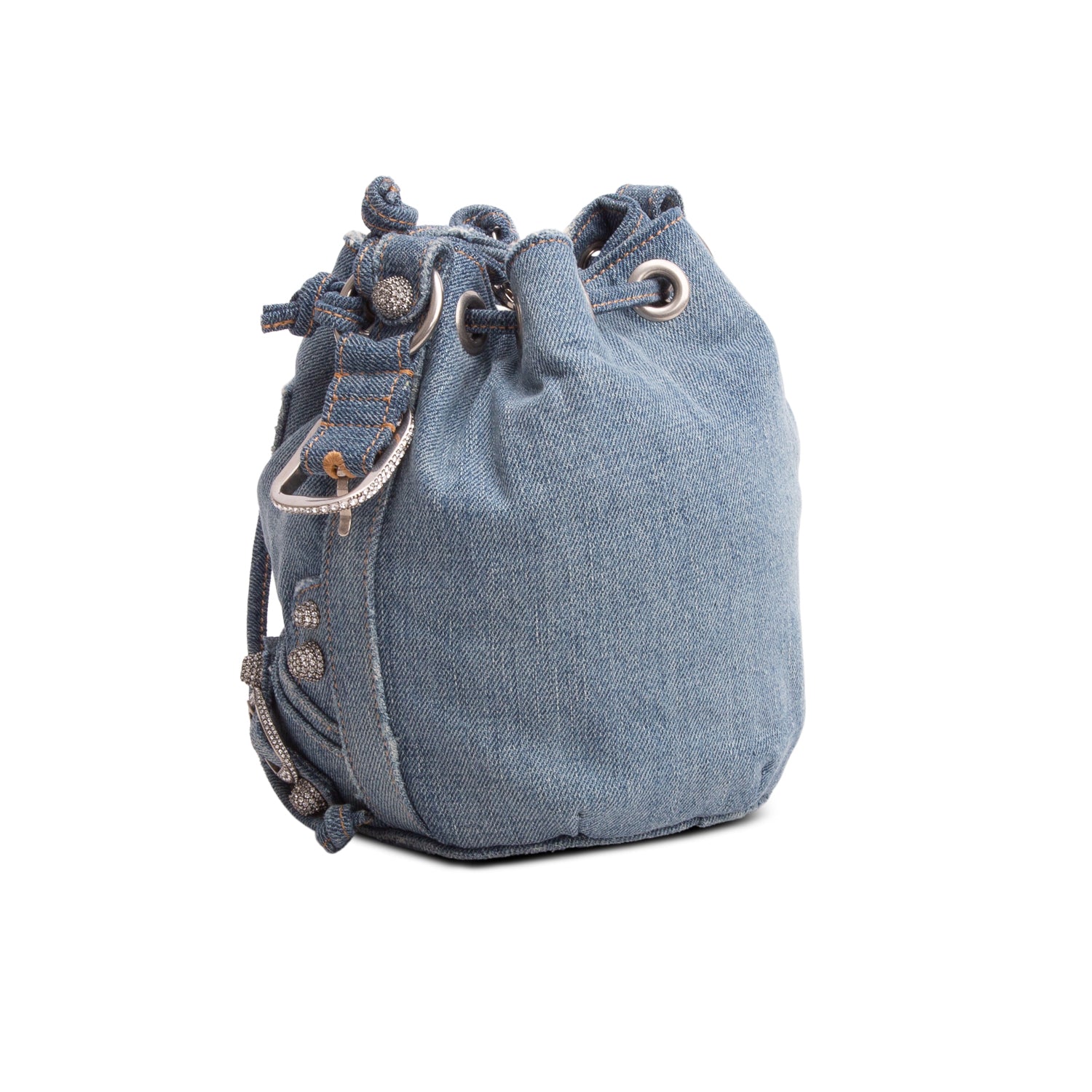 Balenciaga Blue Washed Denim Crystal BB Monogram Le Cagole Bucket Bag XS