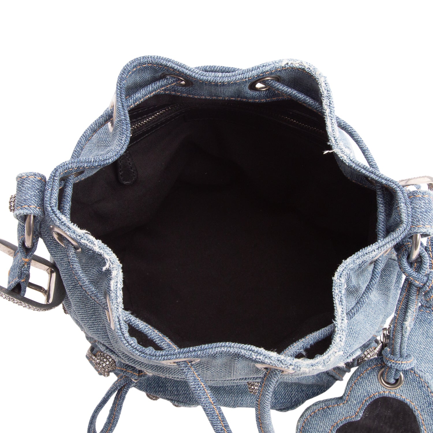 Balenciaga Blue Washed Denim Crystal BB Monogram Le Cagole Bucket Bag XS