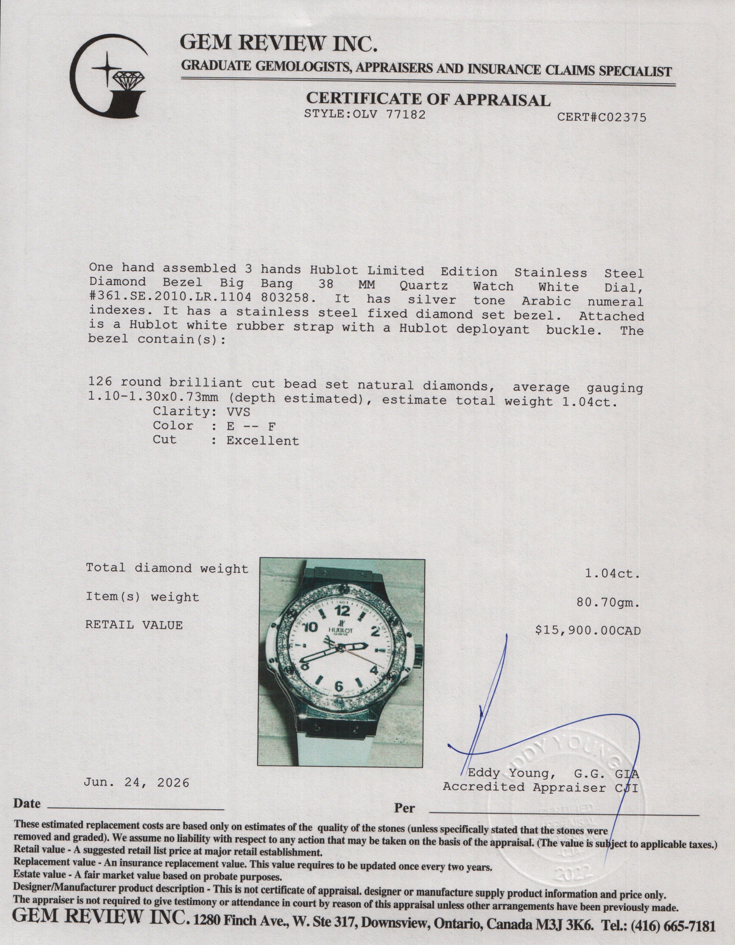Hublot Limited Edition Stainless Steel Diamond Bezel Big Bang 38 MM Quartz Watch White Dial w/ Box & Papers