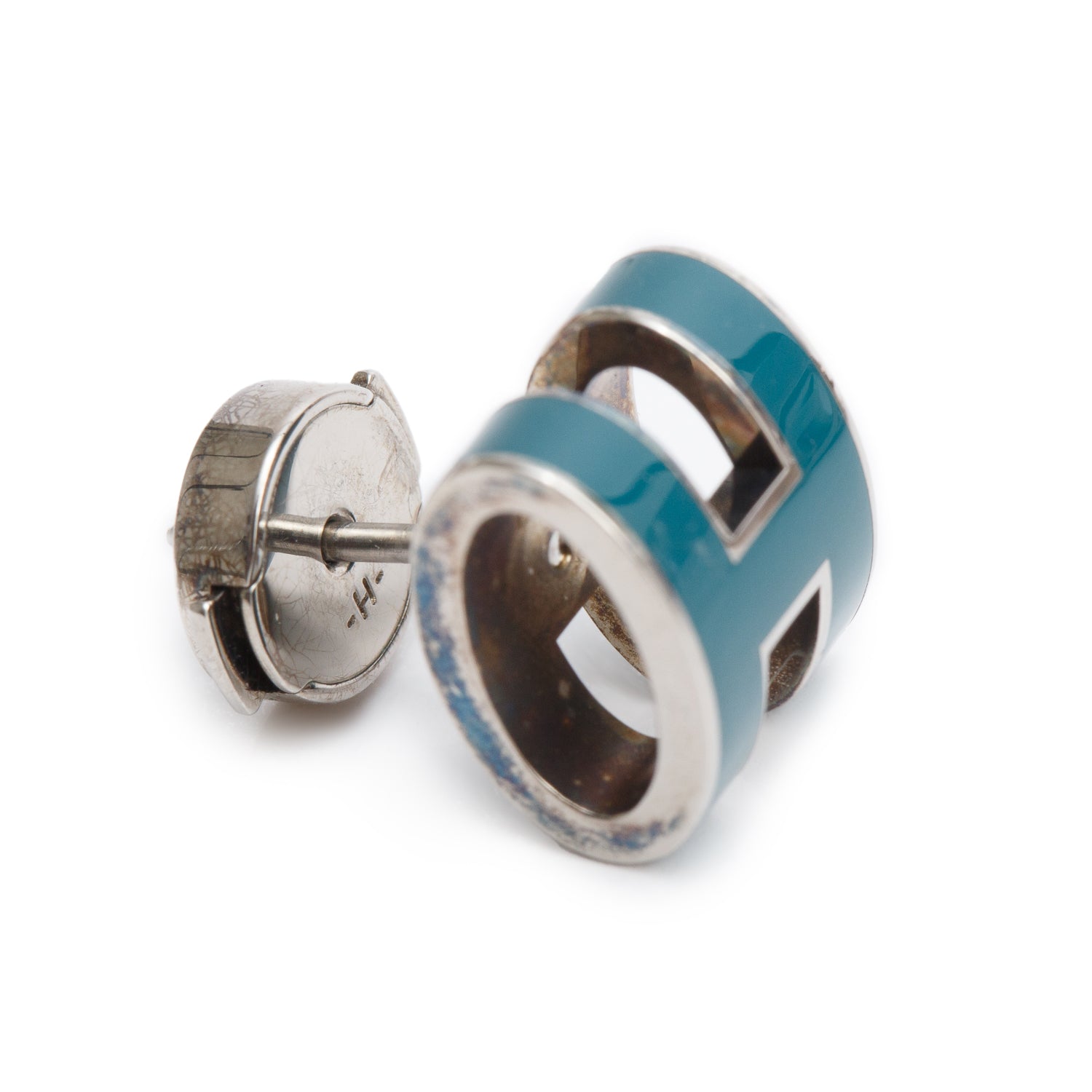 Hermes Palladium Plated Blue Lacquered Pop H Earrings