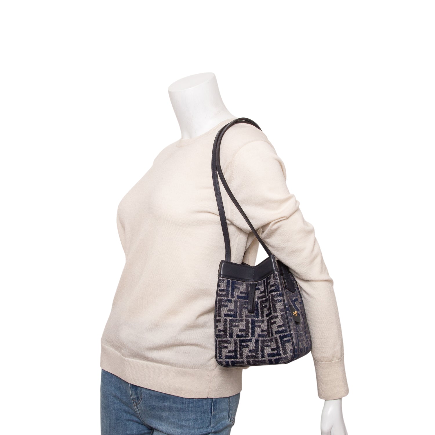 Fendi Navy Fabric Jacquard Vitello Frace FF 1974 Mini Fendi Origami