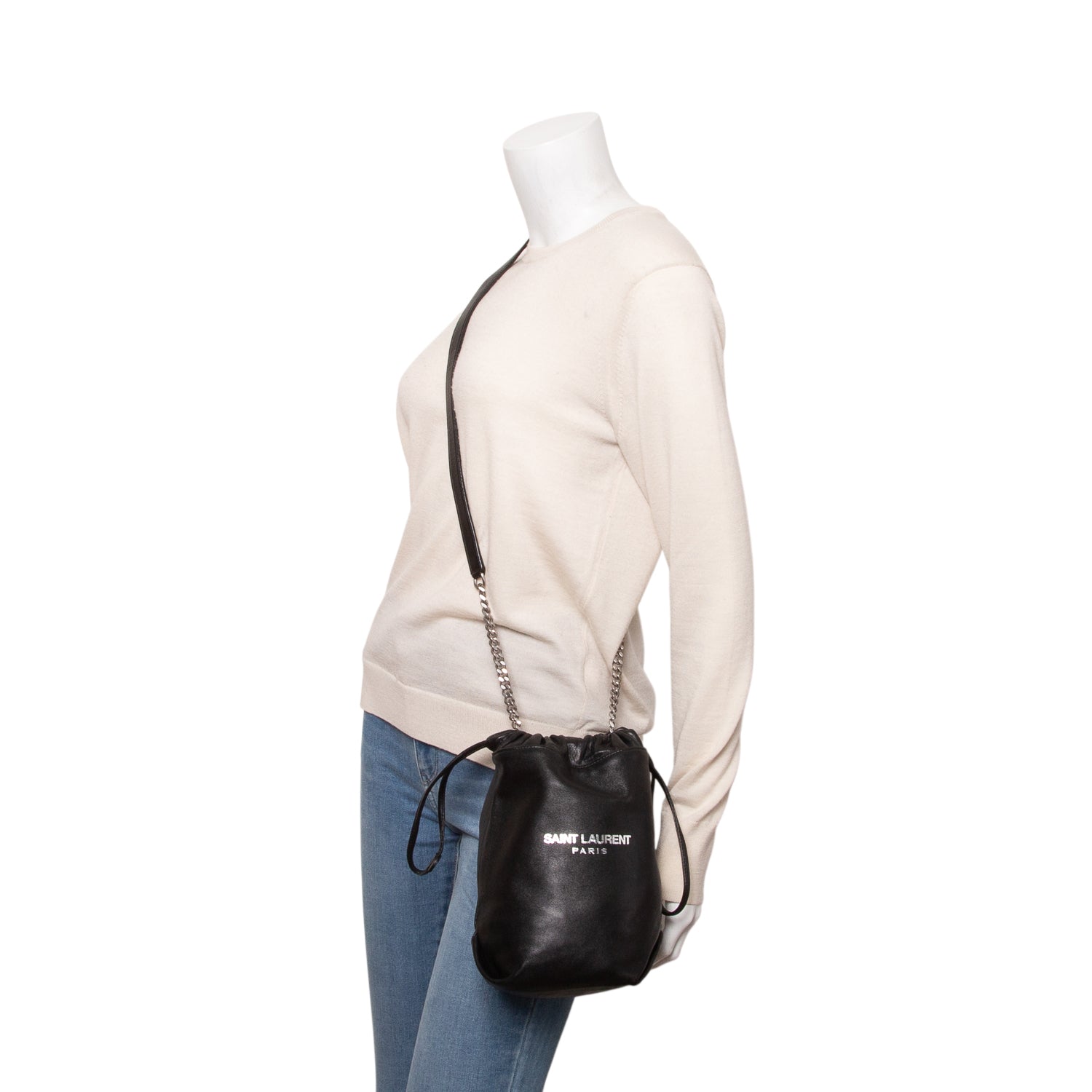 Saint Laurent Black Lambskin Teddy Drawstring Bag w/ Pouch