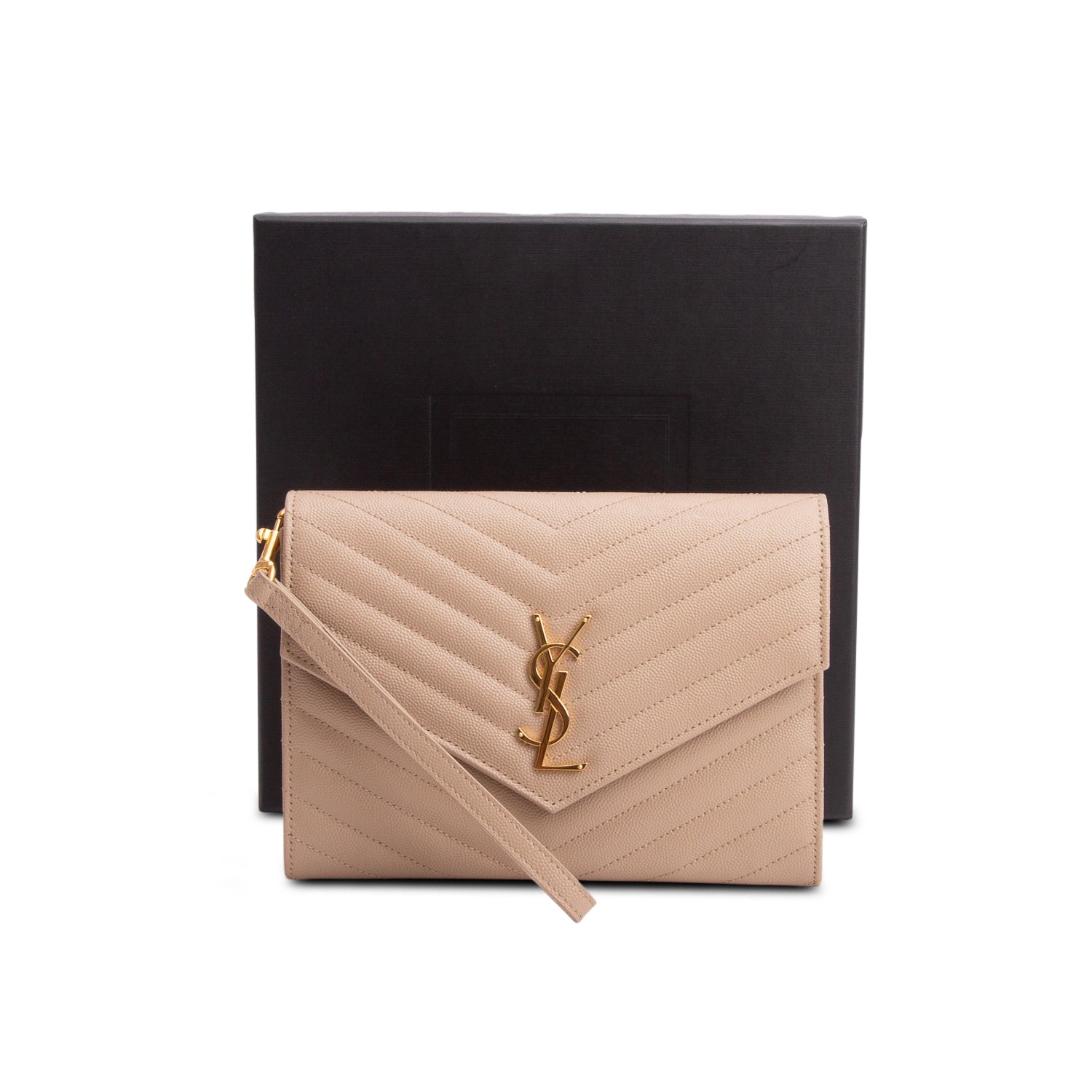 Saint Laurent 2021 Beige Grain de Poudre Matelasse Leather Cassandre Flap Wristlet Pouch w/ Box