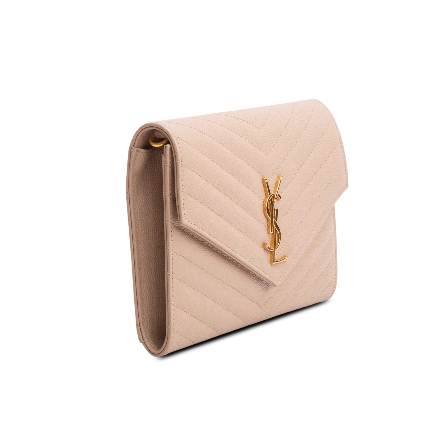 Saint Laurent 2021 Beige Grain de Poudre Matelasse Leather Cassandre Flap Wristlet Pouch w/ Box