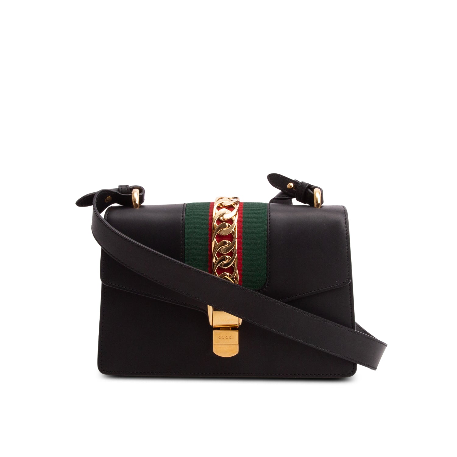 Gucci Black Calfskin Leather Web Small Sylvie Shoulder Bag