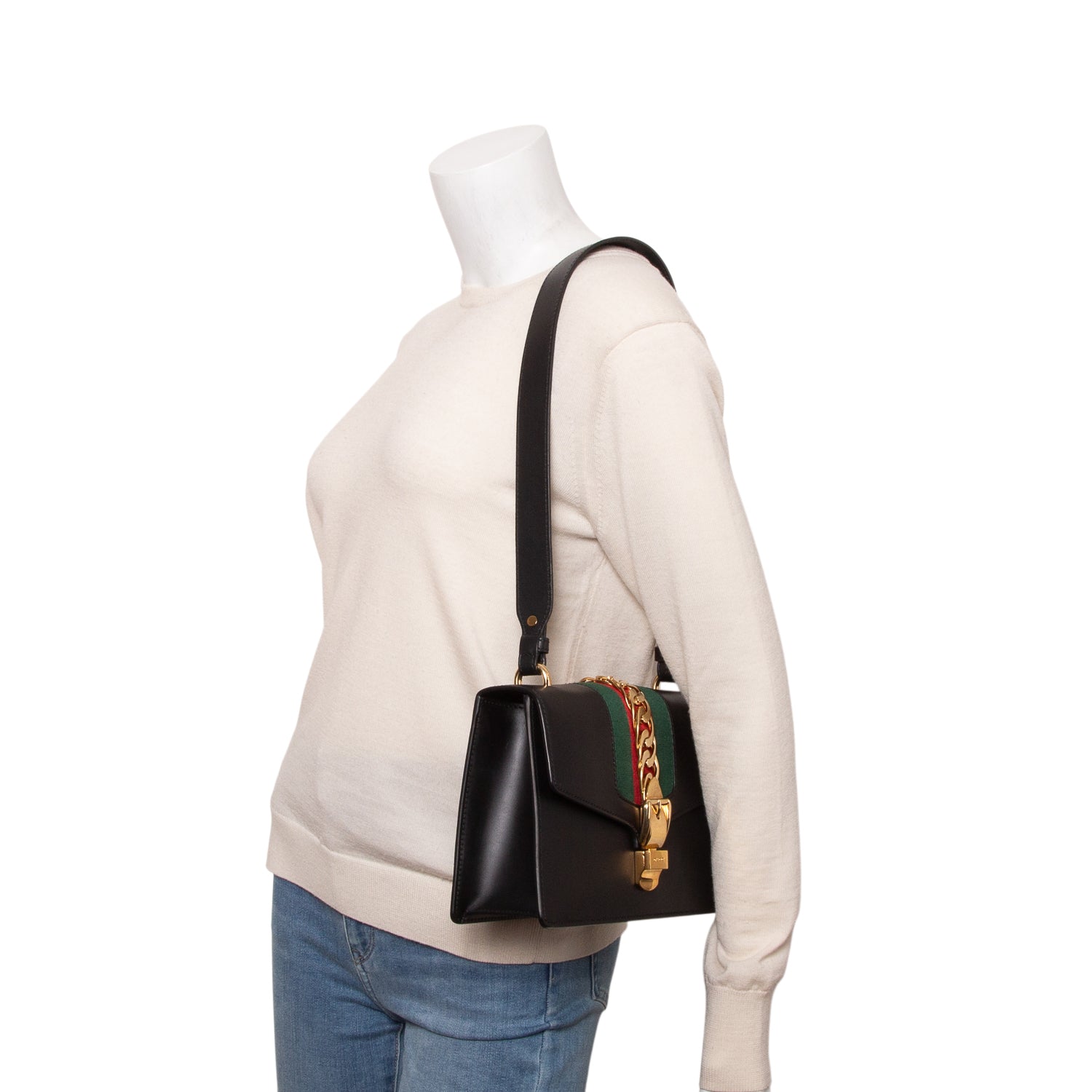 Gucci Black Calfskin Leather Web Small Sylvie Shoulder Bag