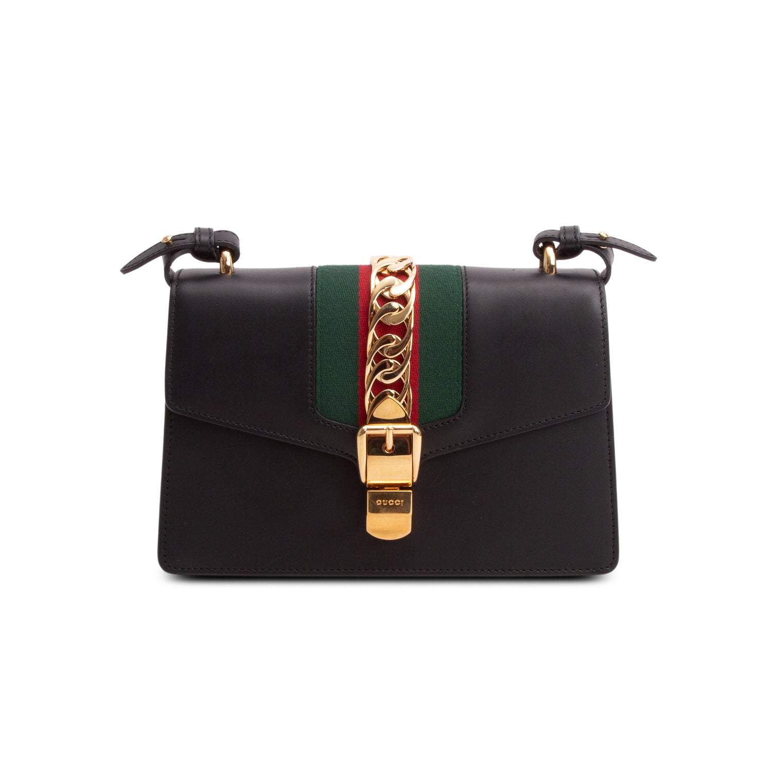 Gucci Black Calfskin Leather Web Small Sylvie Shoulder Bag