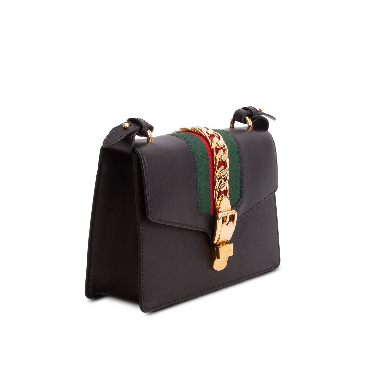 Gucci Black Calfskin Leather Web Small Sylvie Shoulder Bag