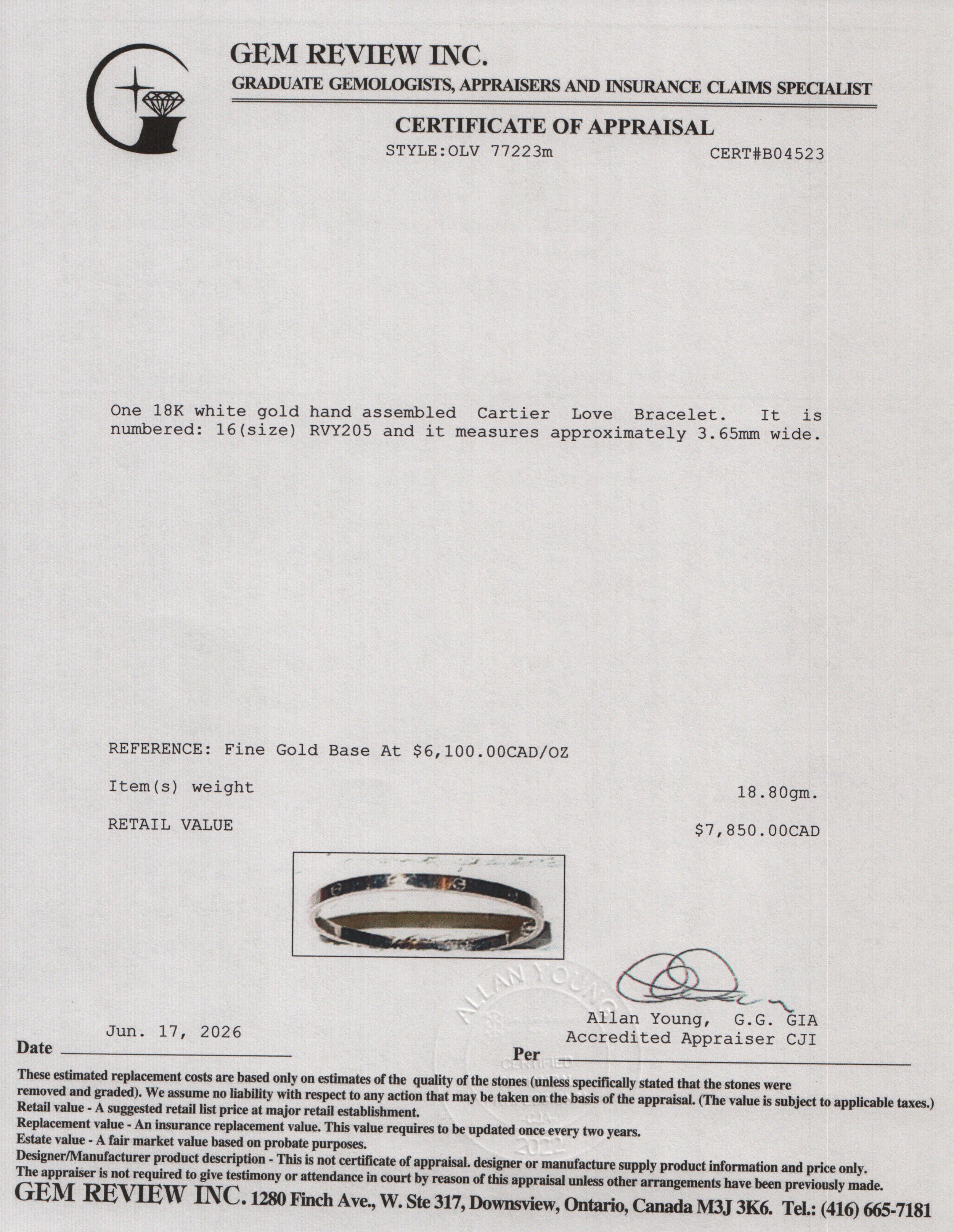Cartier 2025 18k White Gold 3.65 MM Love Bracelet, Small Model, Size 16 w/ Box & Certificate