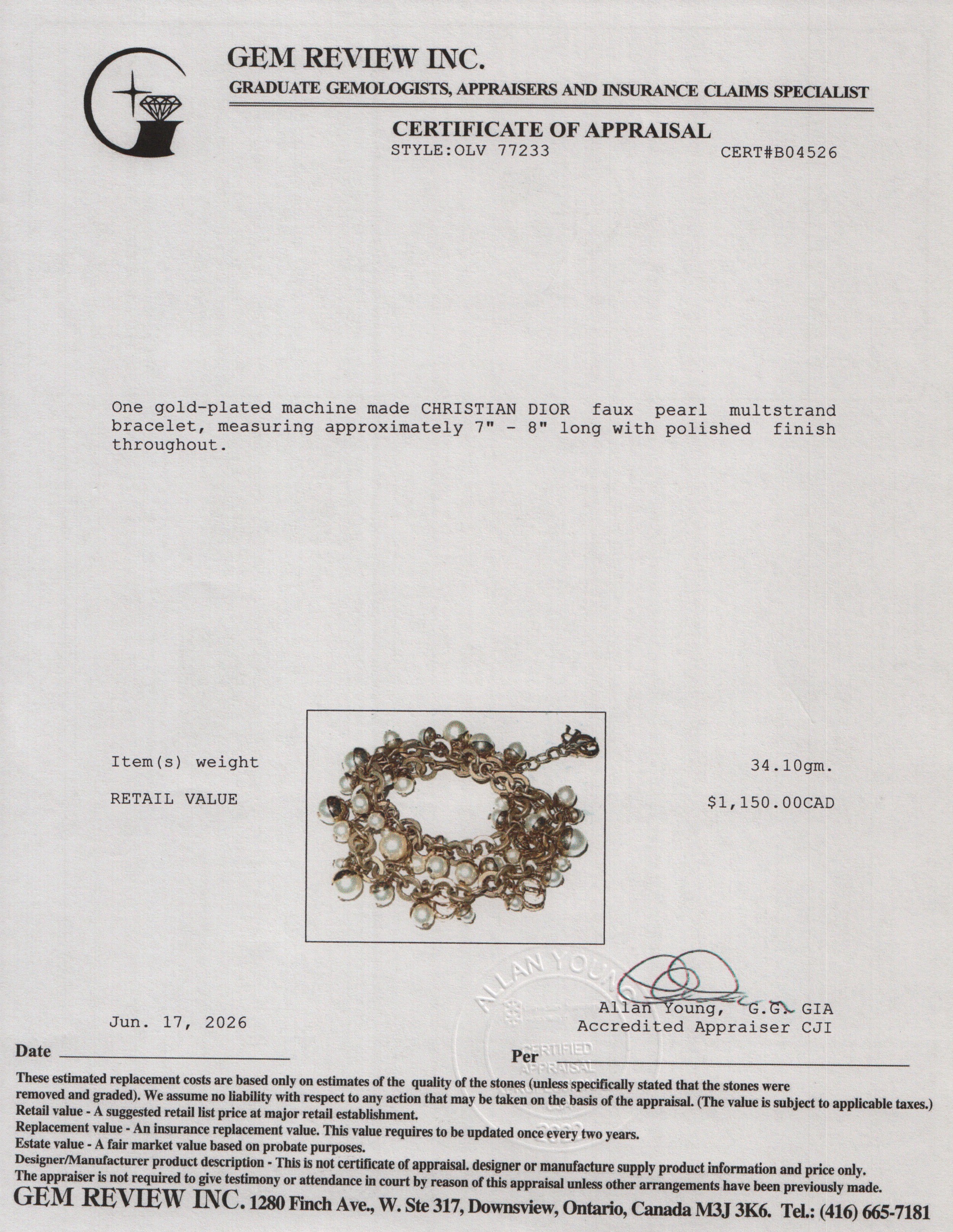 Christian Dior Gold-Plated Faux Pearl Multistrand Bracelet w/ Box