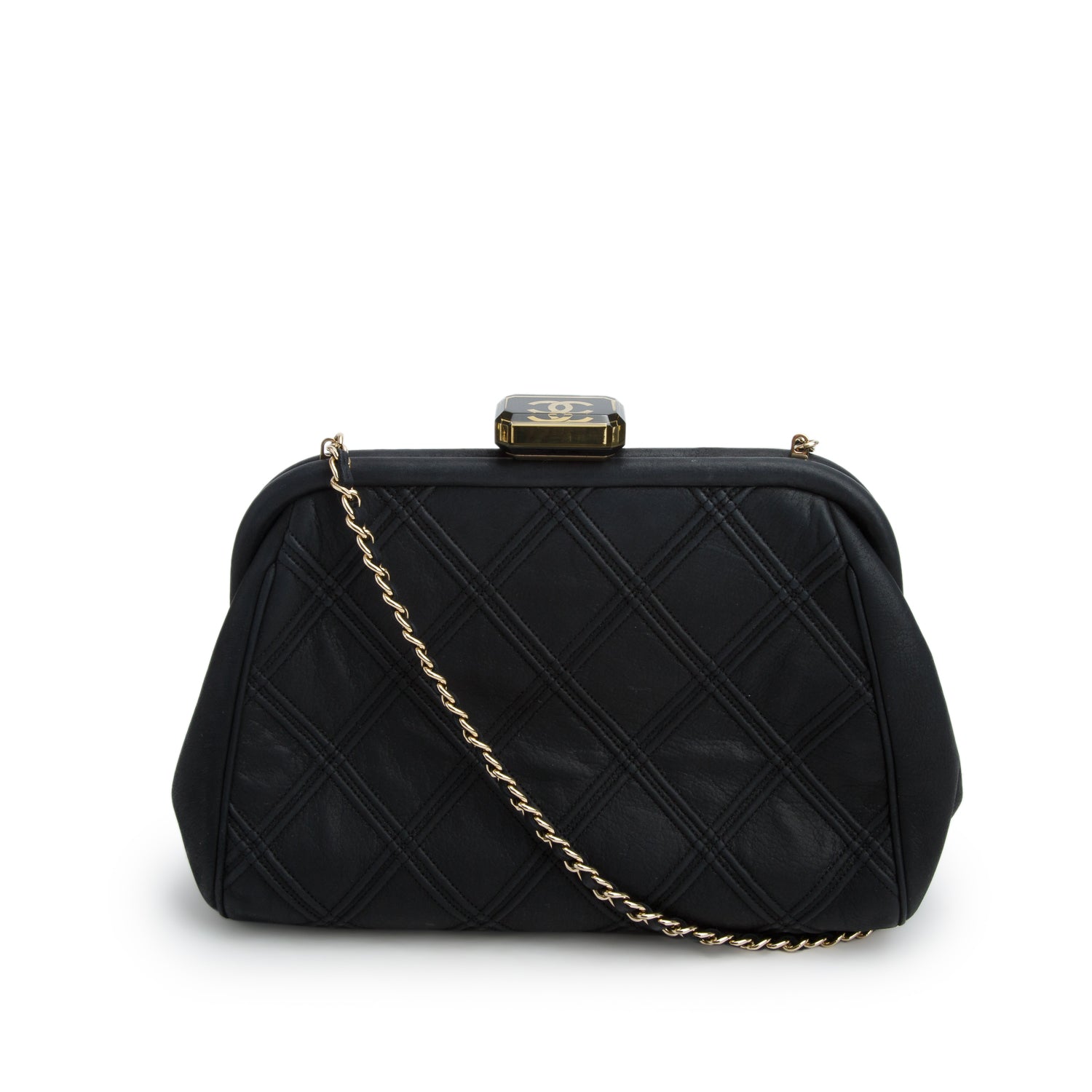 Chanel Black Nubuck Leather Double Stitch Frame Clutch w/ Box & Authenticity Card