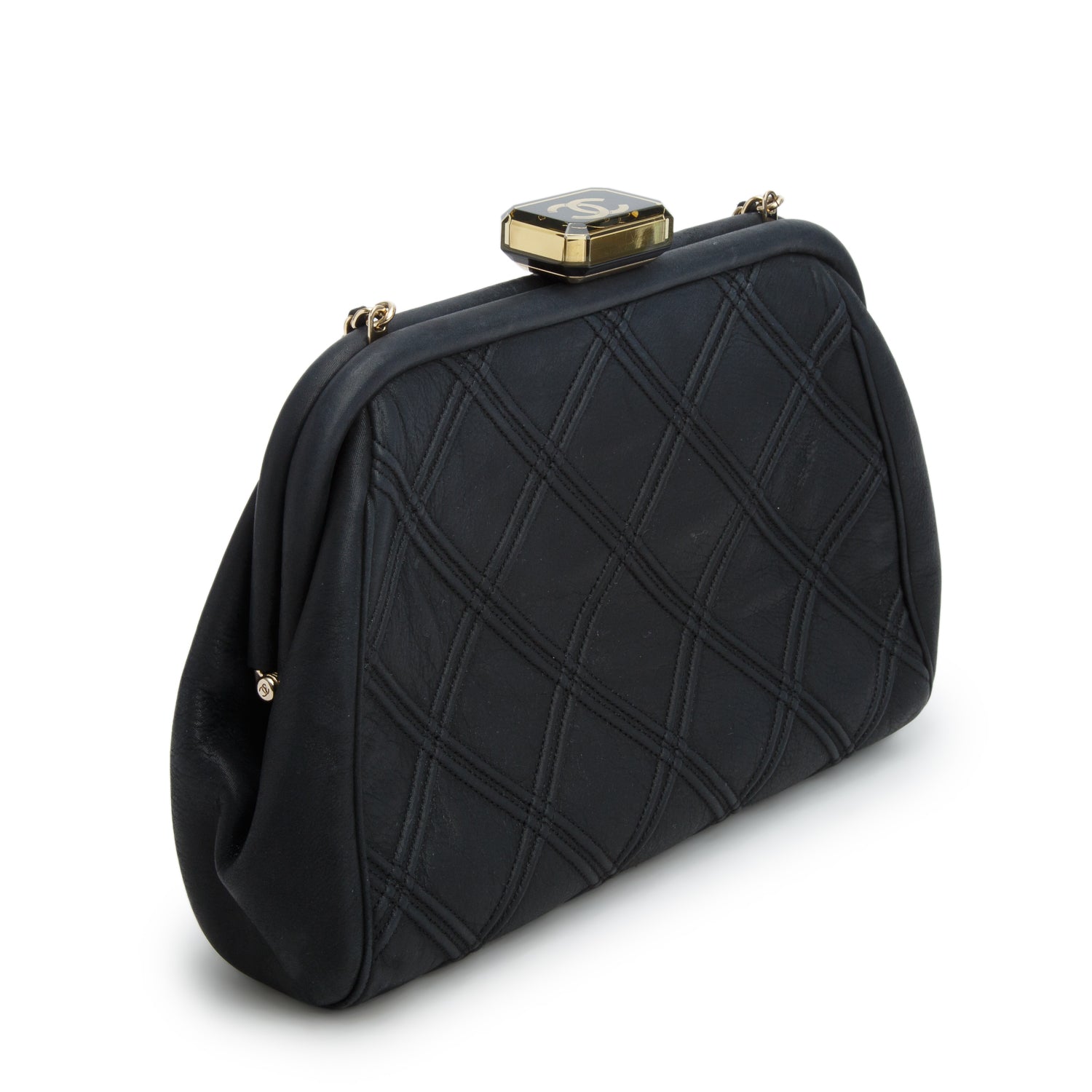 Chanel Black Nubuck Leather Double Stitch Frame Clutch w/ Box & Authenticity Card