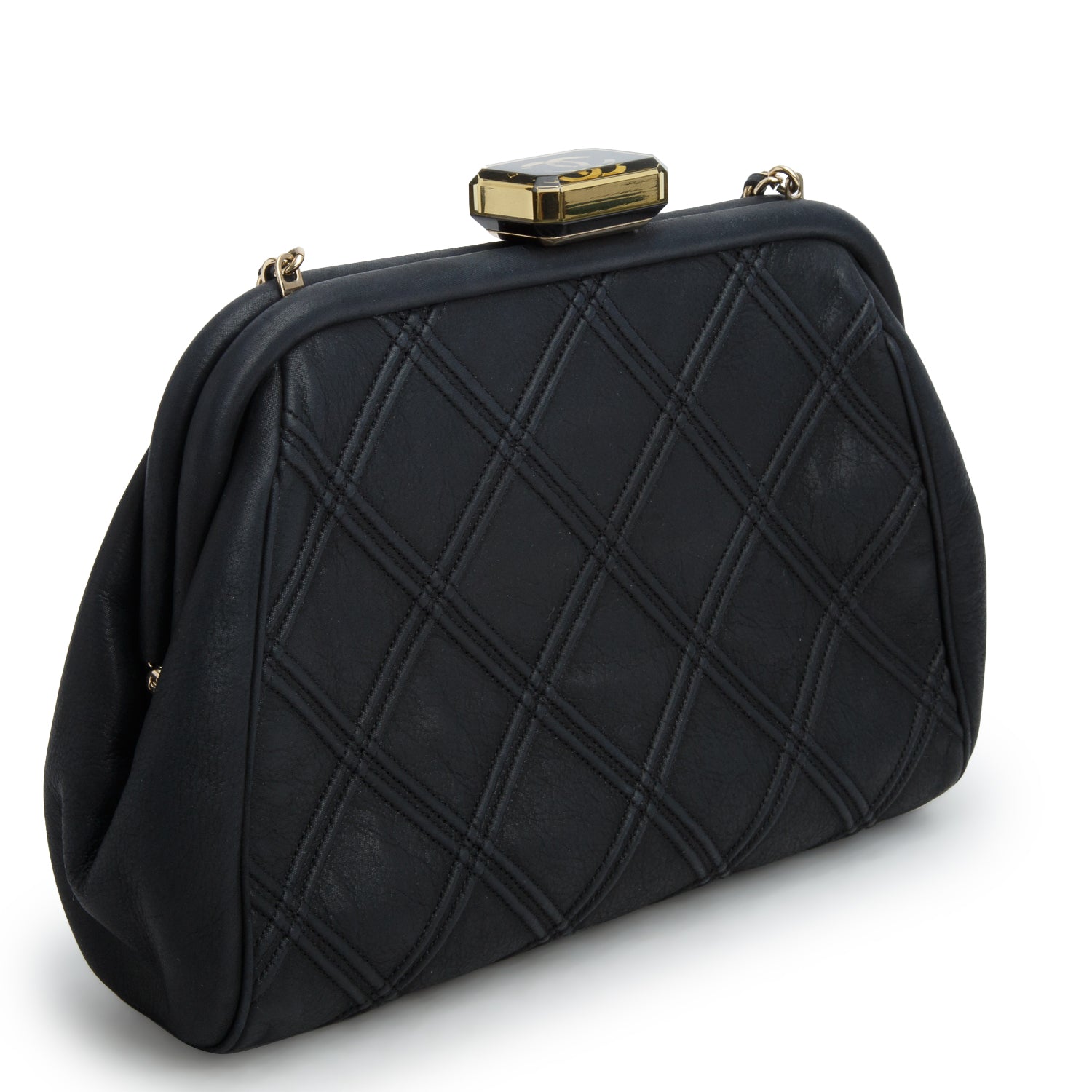 Chanel Black Nubuck Leather Double Stitch Frame Clutch w/ Box & Authenticity Card