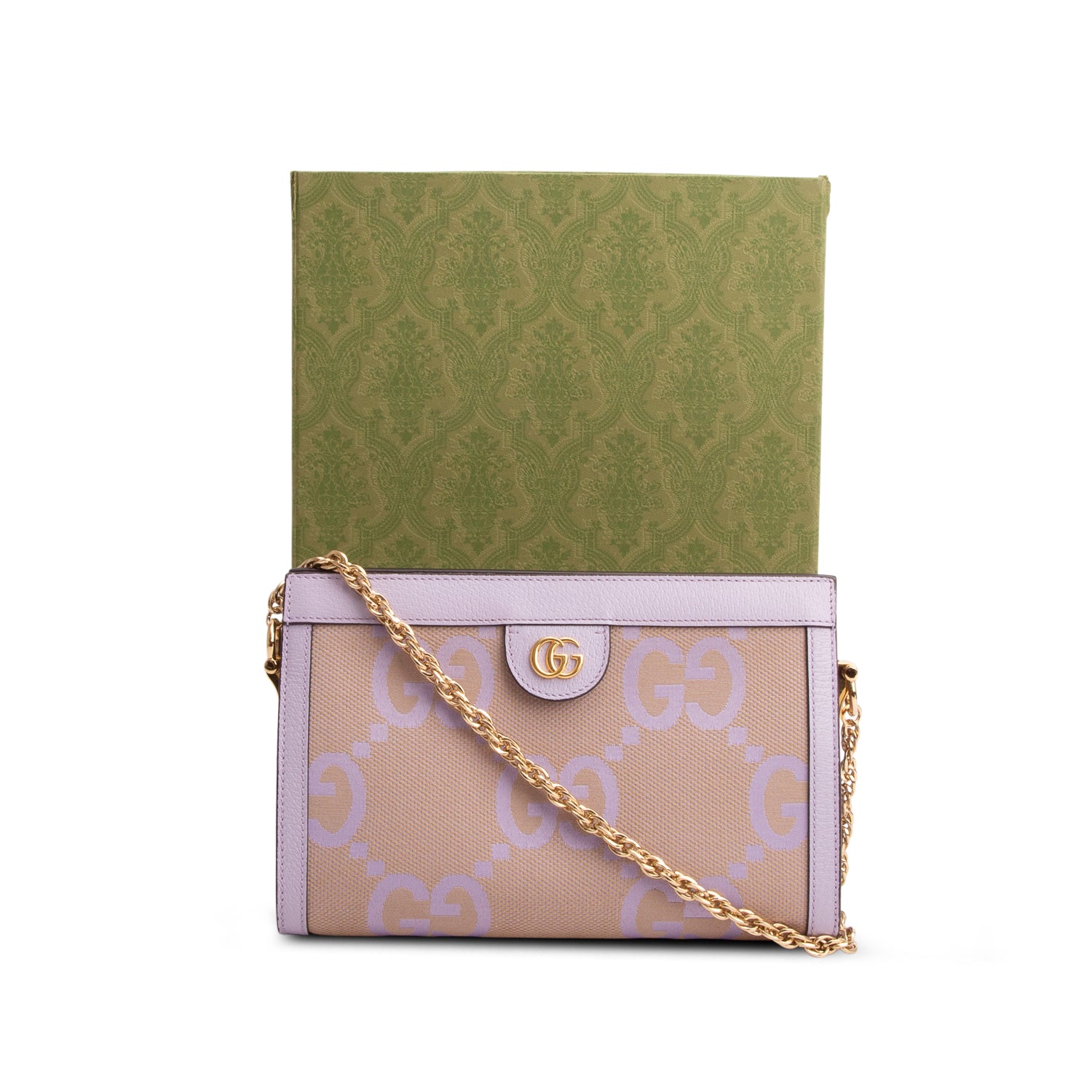 Gucci Purple Monogram Jumbo GG Textured Dollar Calfskin Small Ophidia Chain Shoulder w/ Box