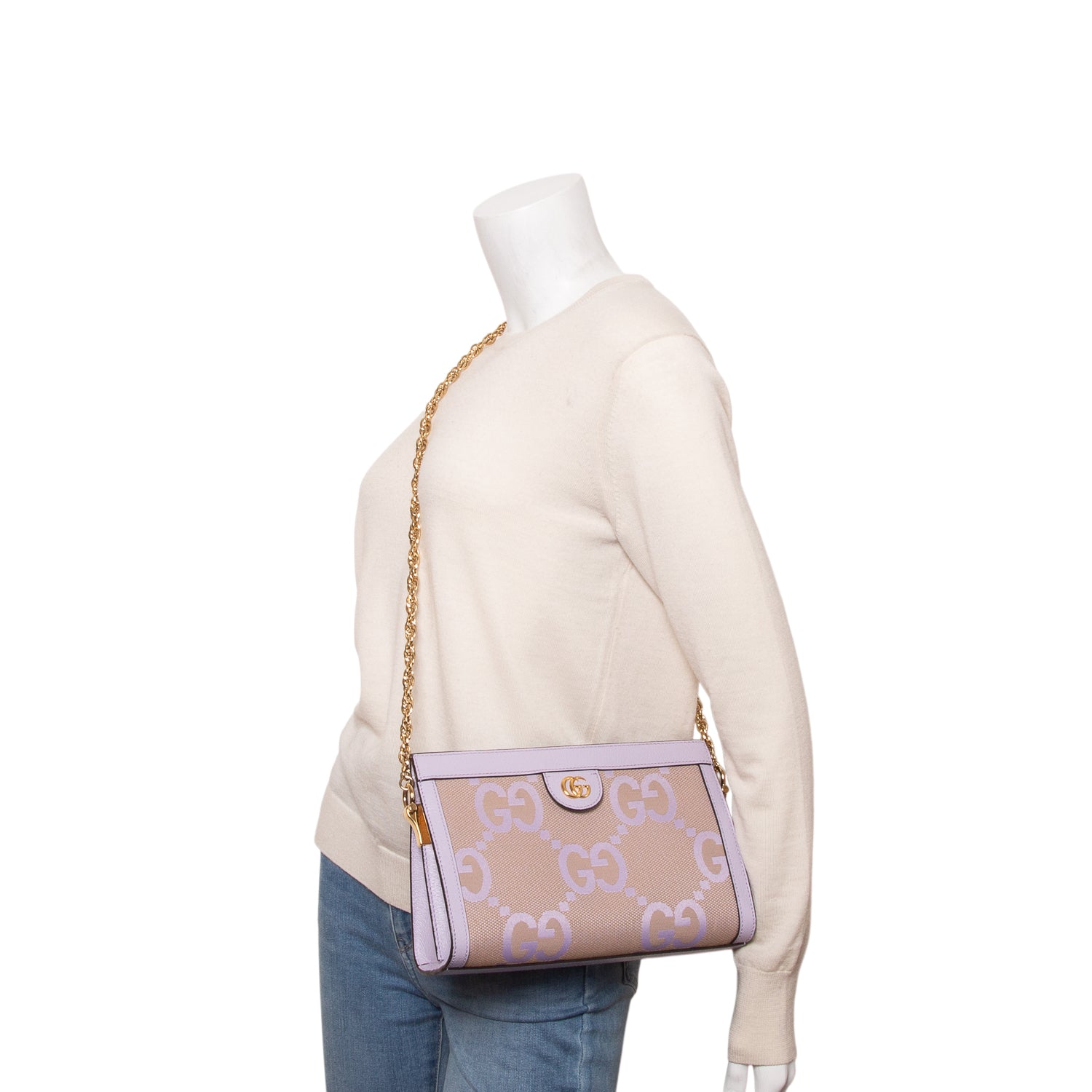 Gucci Purple Monogram Jumbo GG Textured Dollar Calfskin Small Ophidia Chain Shoulder w/ Box