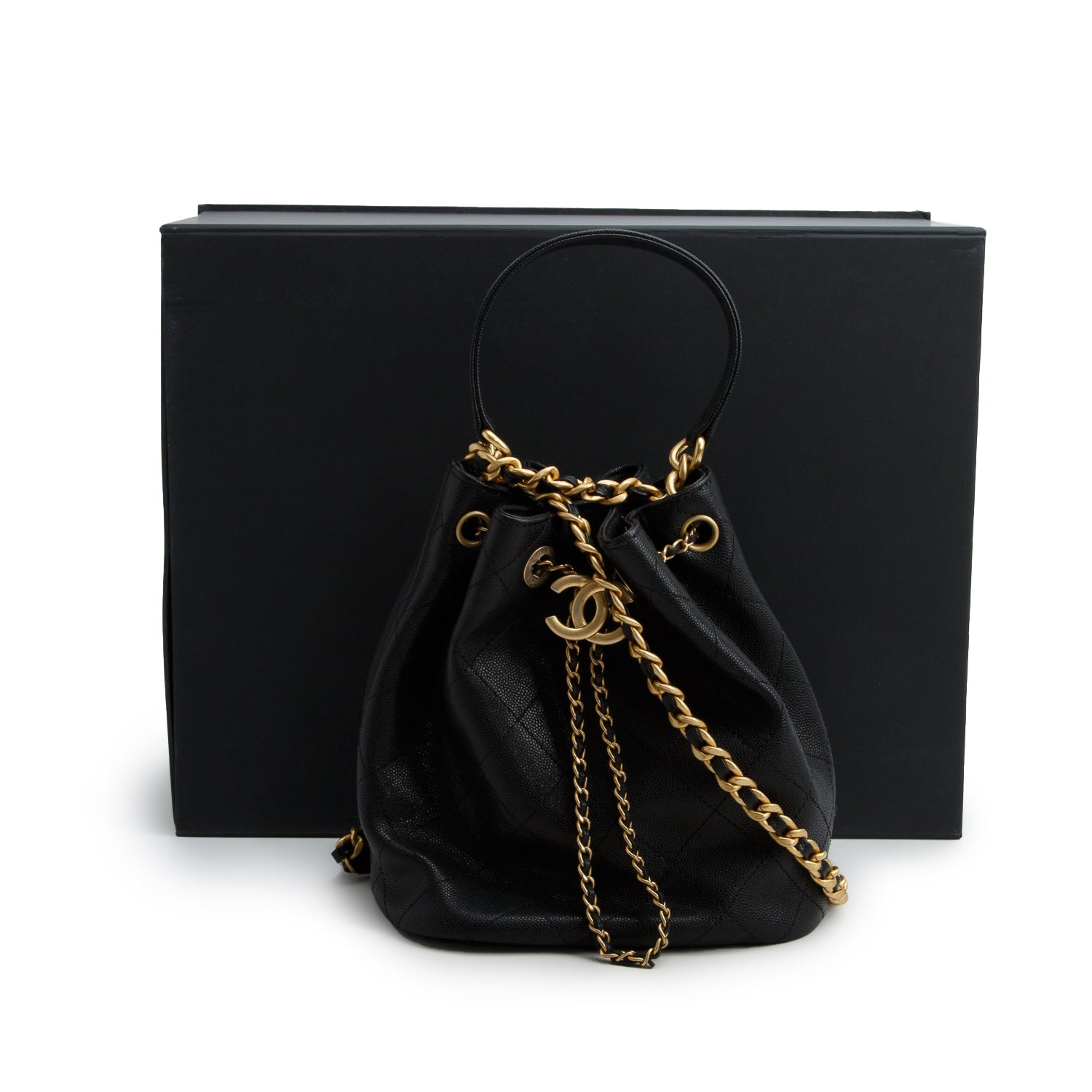 Chanel 2020 Black Caviar Quilted Fashion Therapy Bucket Drawstring Bag w/ Box & Authenticity Card