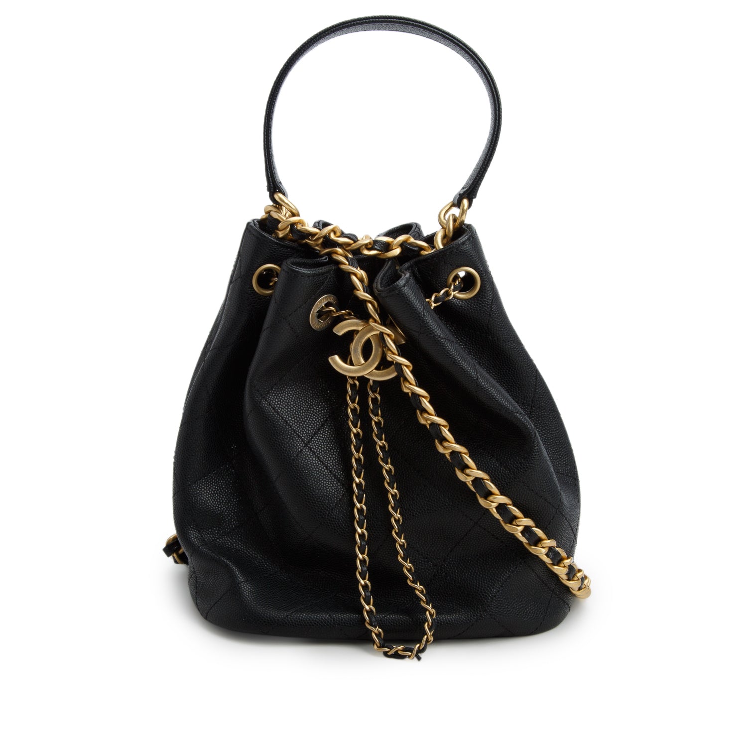 Chanel 2020 Black Caviar Quilted Fashion Therapy Bucket Drawstring Bag w/ Box & Authenticity Card