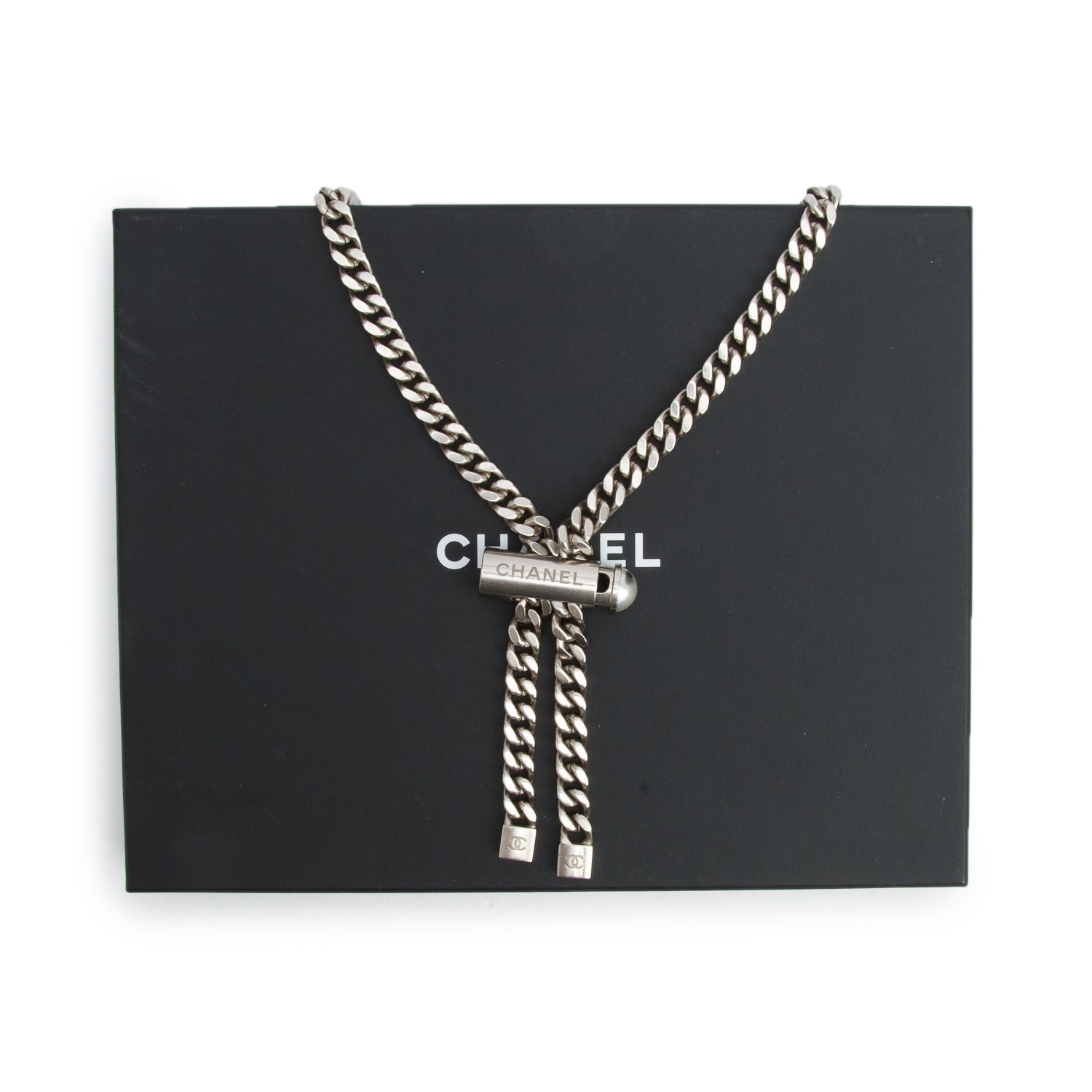 Chanel Palladium-Plated Faux Pearl Bolo Necklace w/ Box