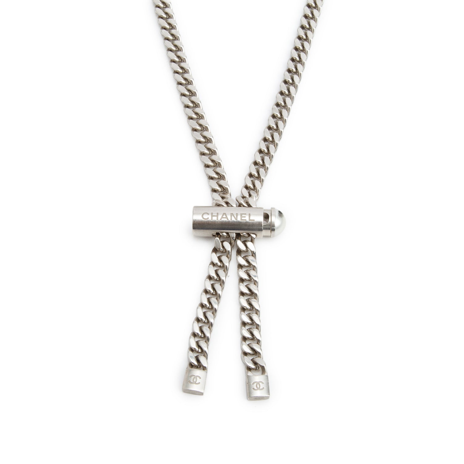 Chanel Palladium-Plated Faux Pearl Bolo Necklace w/ Box