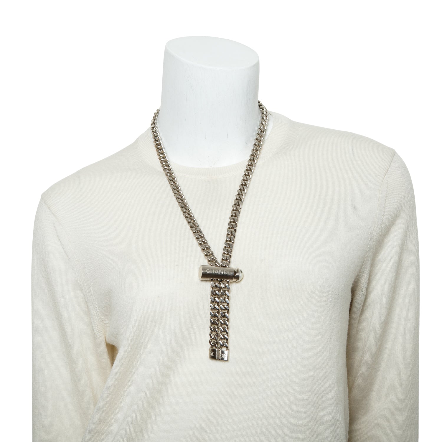 Chanel Palladium-Plated Faux Pearl Bolo Necklace w/ Box