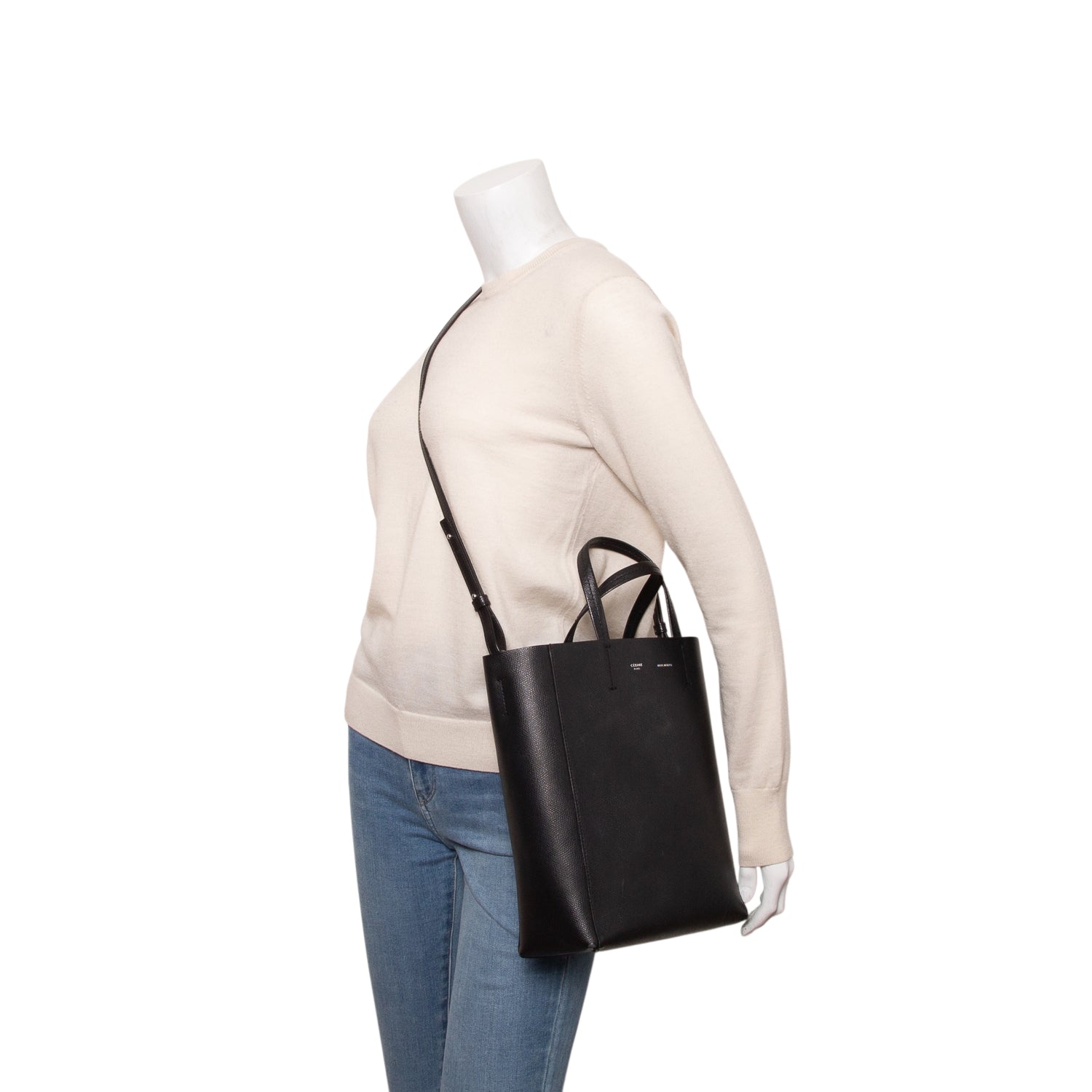 Celine Black Grained Calfskin Small Vertical Cabas Tote w/ Strap