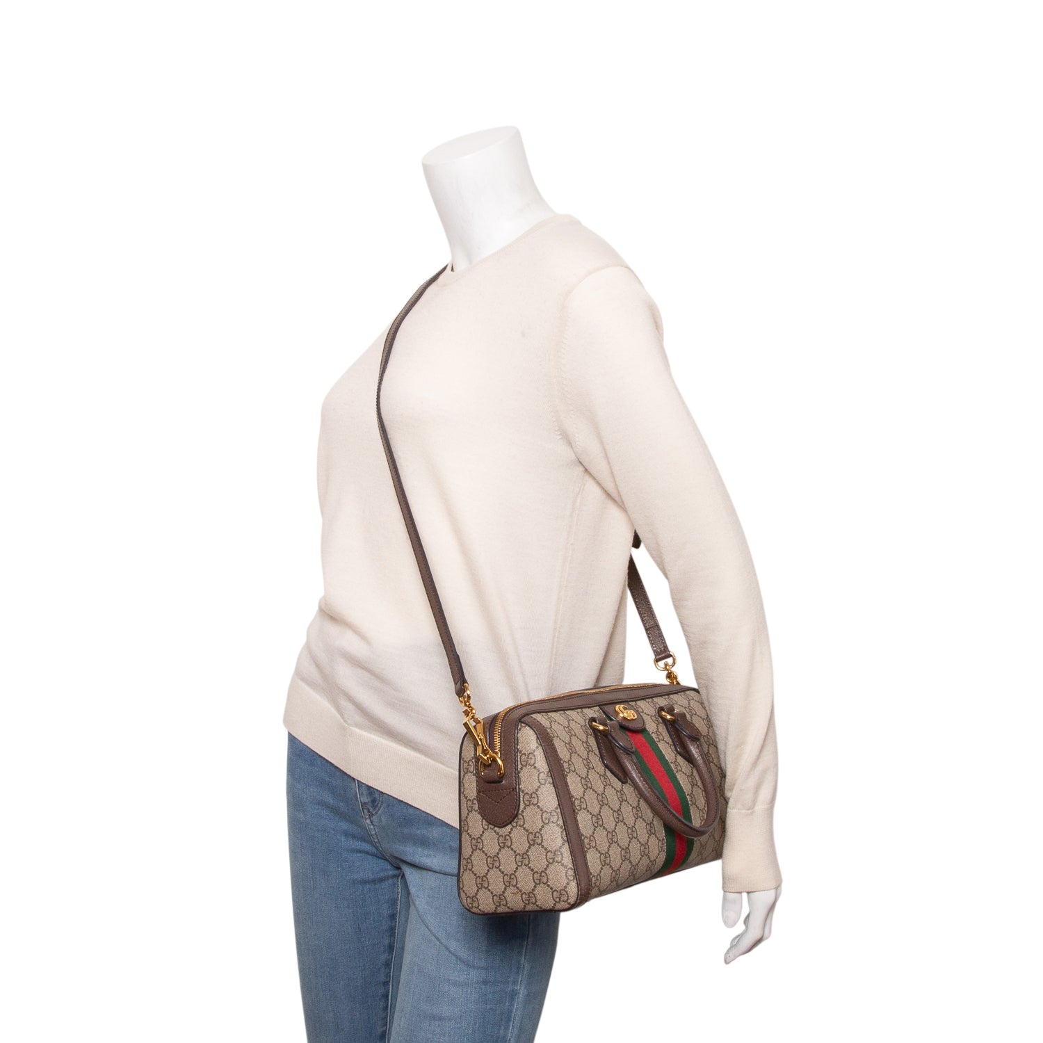 Gucci GG Supreme Monogram Web Medium Ophidia Boston Bag w/ Strap