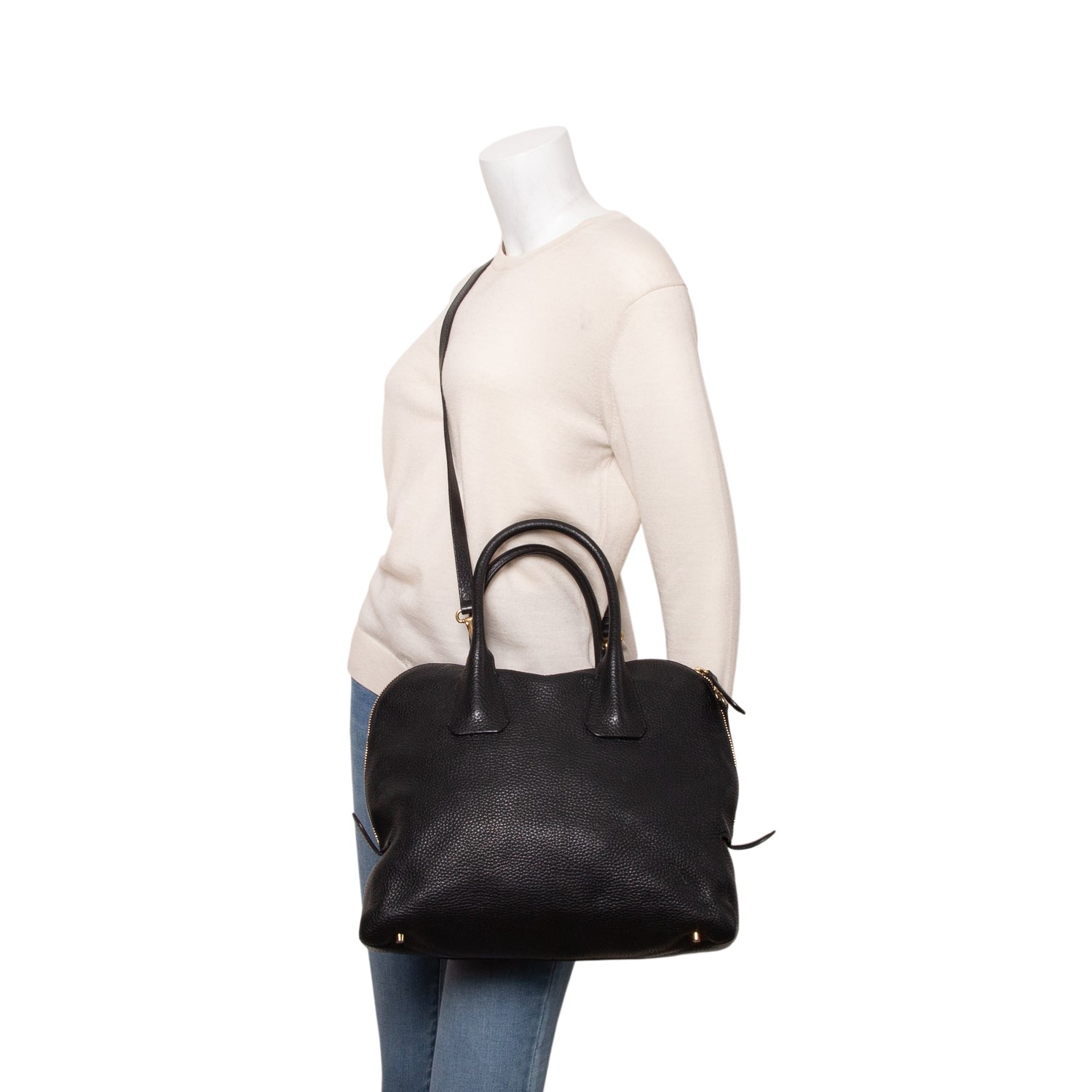Burberry Black Grained Leather Greenwood Medium Bowling Bag w/ Strap