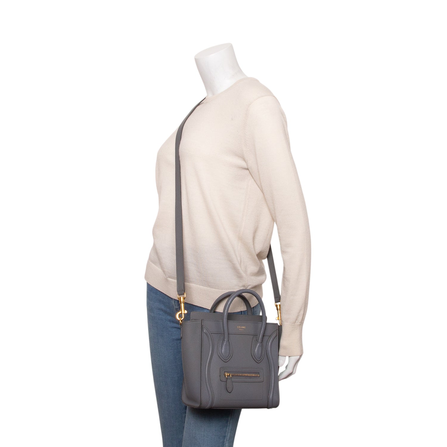Celine Grey Calfskin Leather Nano Luggage Tote w/ Strap