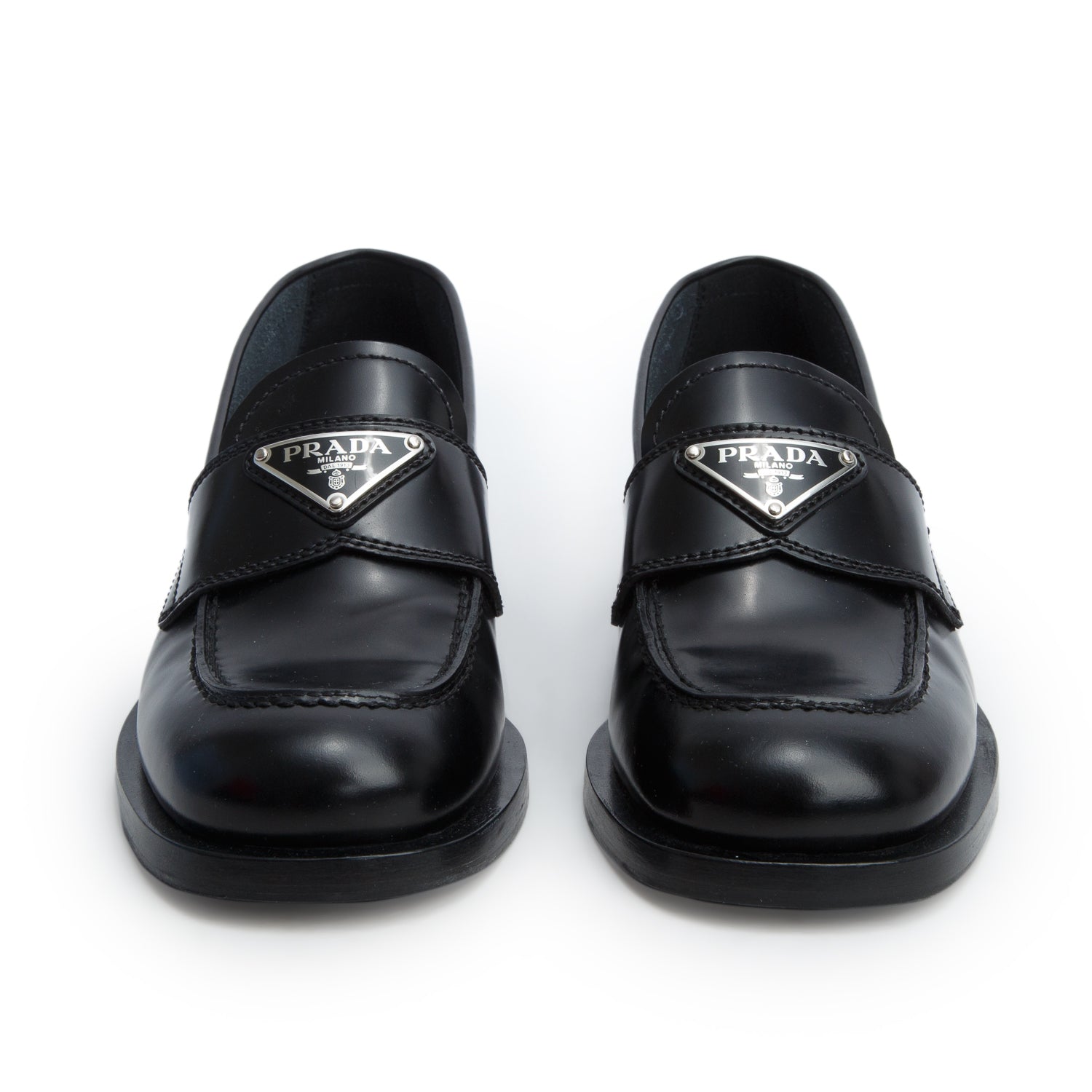 Prada Black Brushed Calfskin Leather Metal Triangle Logo Loafers, Women's Size 35 w/ Box