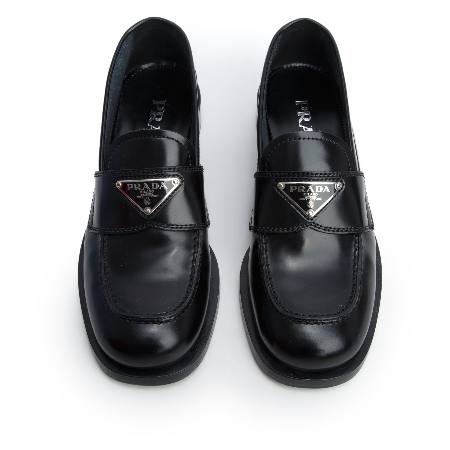 Prada Black Brushed Calfskin Leather Metal Triangle Logo Loafers, Women's Size 35 w/ Box
