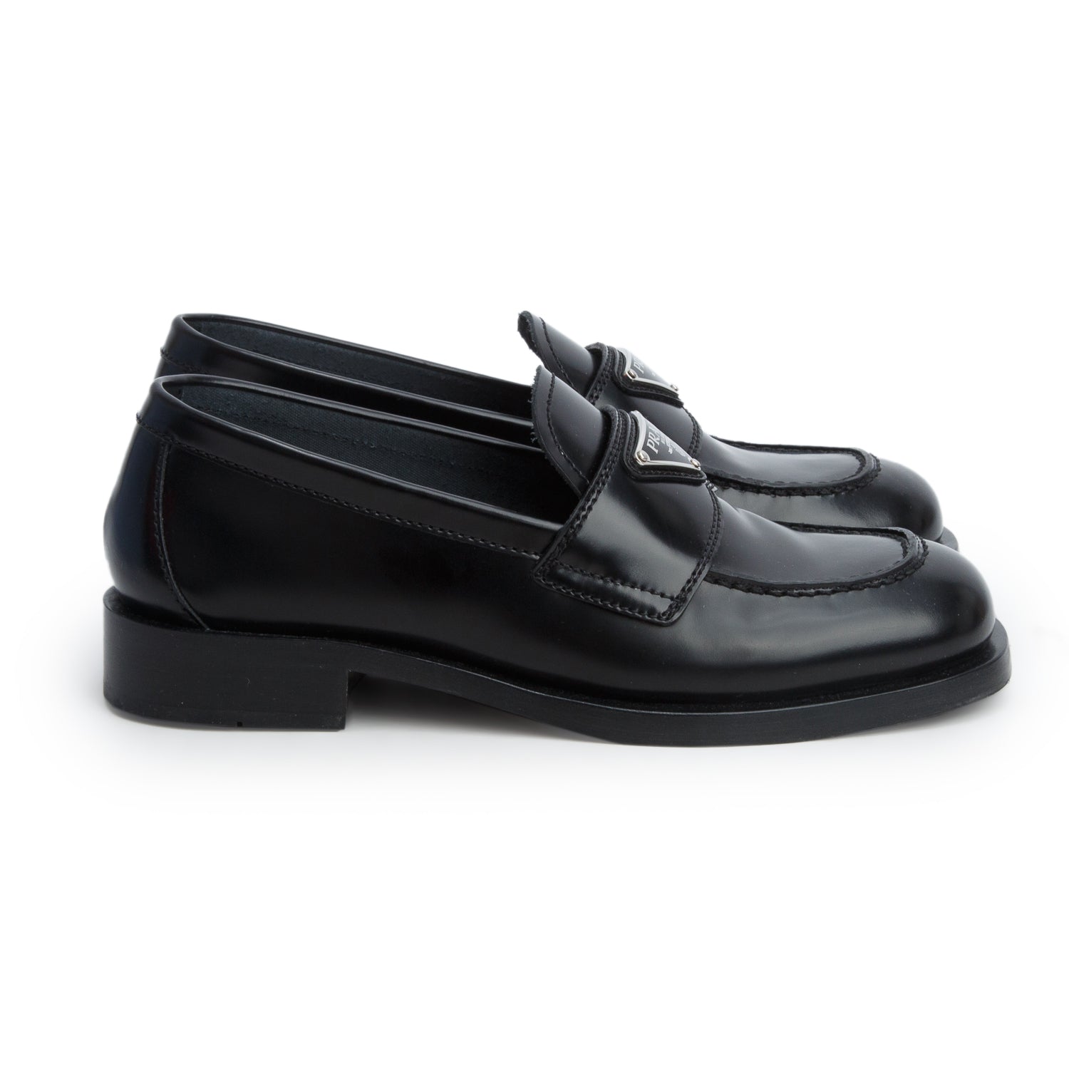 Prada Black Brushed Calfskin Leather Metal Triangle Logo Loafers, Women's Size 35 w/ Box