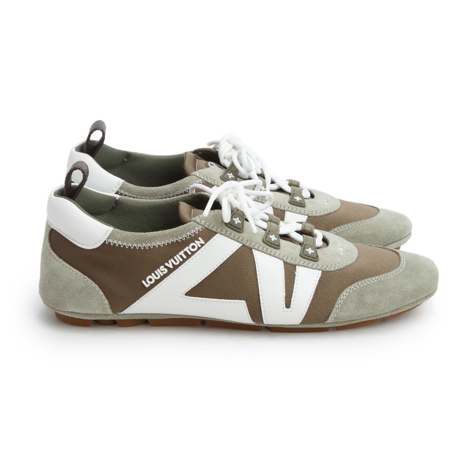 Louis Vuitton 2025 Khaki Green Suede Brown Satin LV Sneakerina Sneakers, Women's Size 37.5 w/ Box