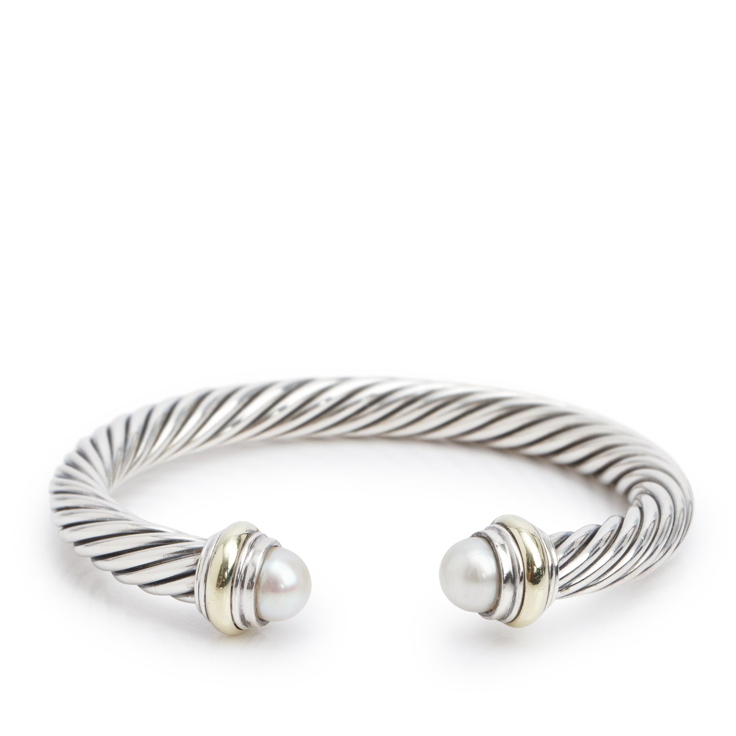 David Yurman Sterling Silver & 18k Yellow Gold Pearl 7 MM Cable Cuff Bracelet