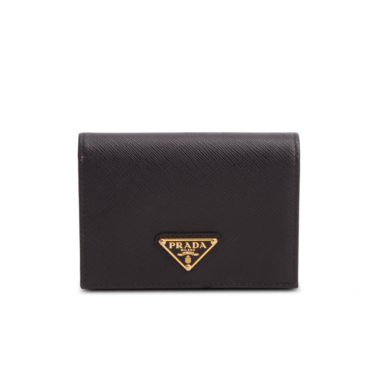 Prada Black Saffiano Metal Leather Small Triangle Logo Flap Wallet w/ Box