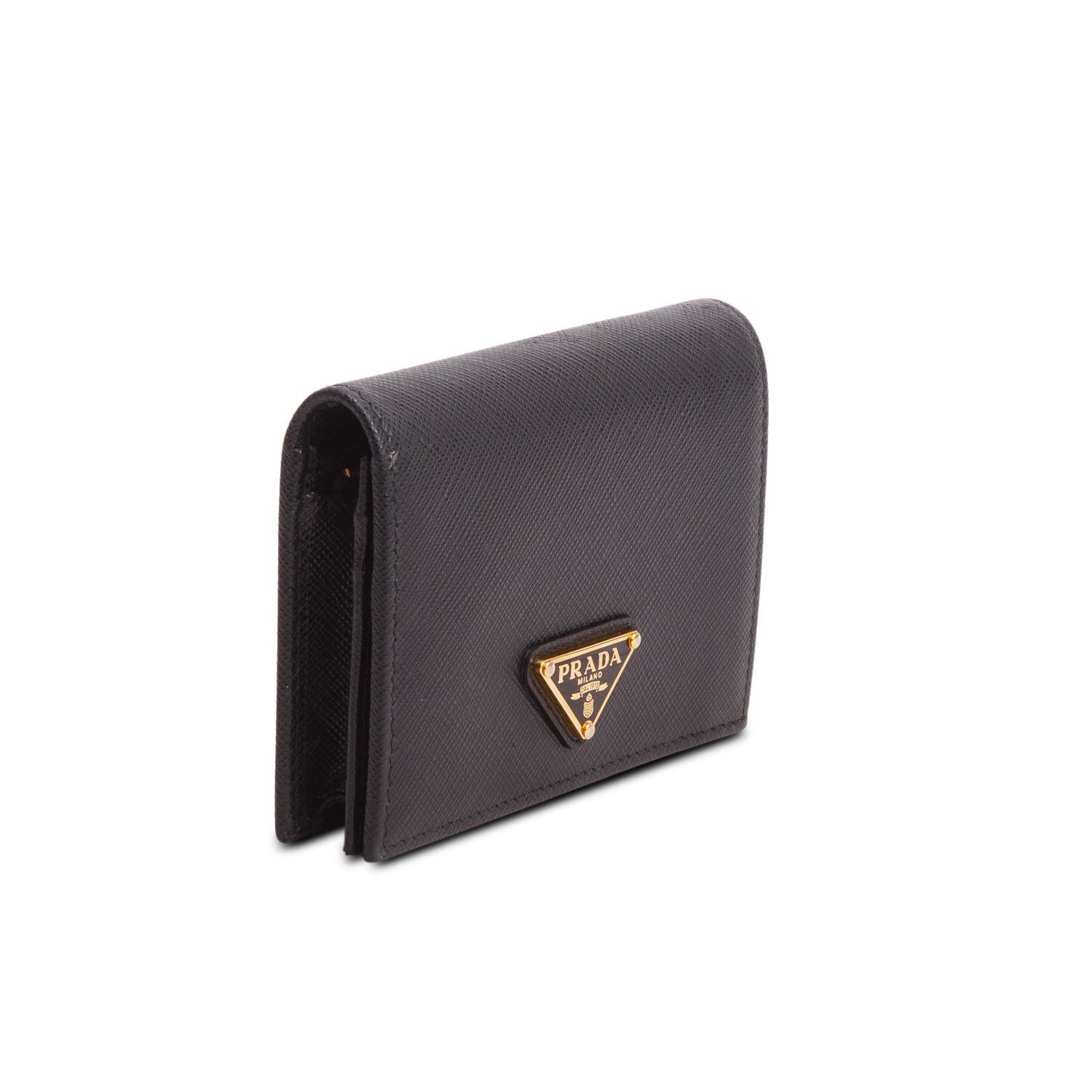 Prada Black Saffiano Metal Leather Small Triangle Logo Flap Wallet w/ Box