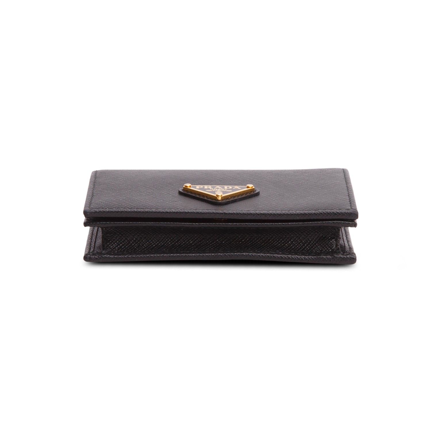 Prada Black Saffiano Metal Leather Small Triangle Logo Flap Wallet w/ Box