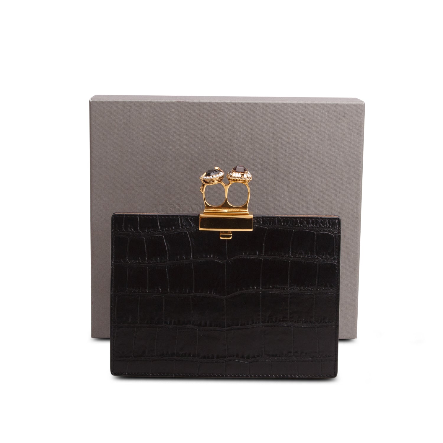 Alexander McQueen Calfskin Crocodile Embossed Knuckle Flat Clutch w/ Box