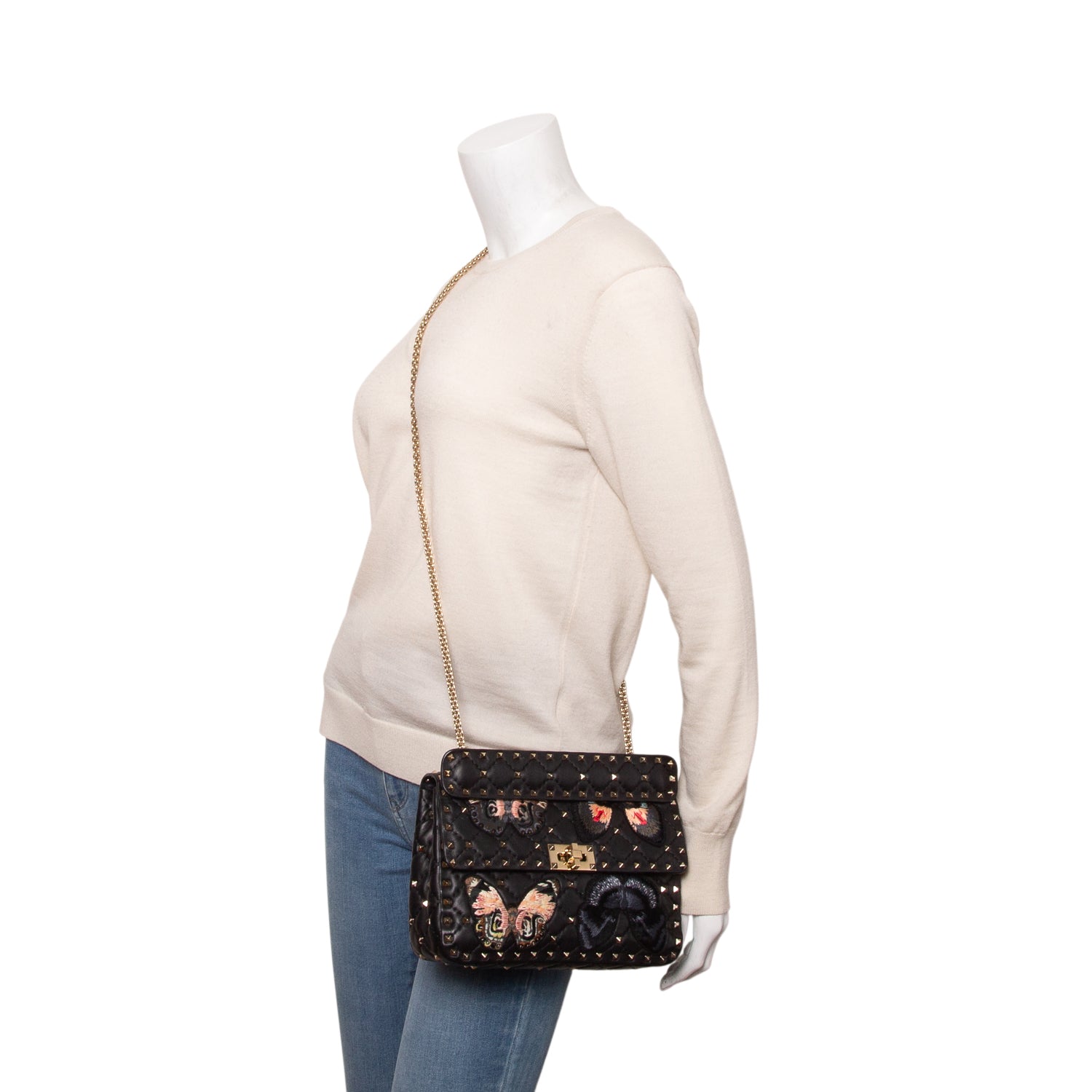 Valentino 2020 Black Nappa Leather Medium Rockstud Butterfly Embroidered Spike Shoulder Bag w/ Receipt