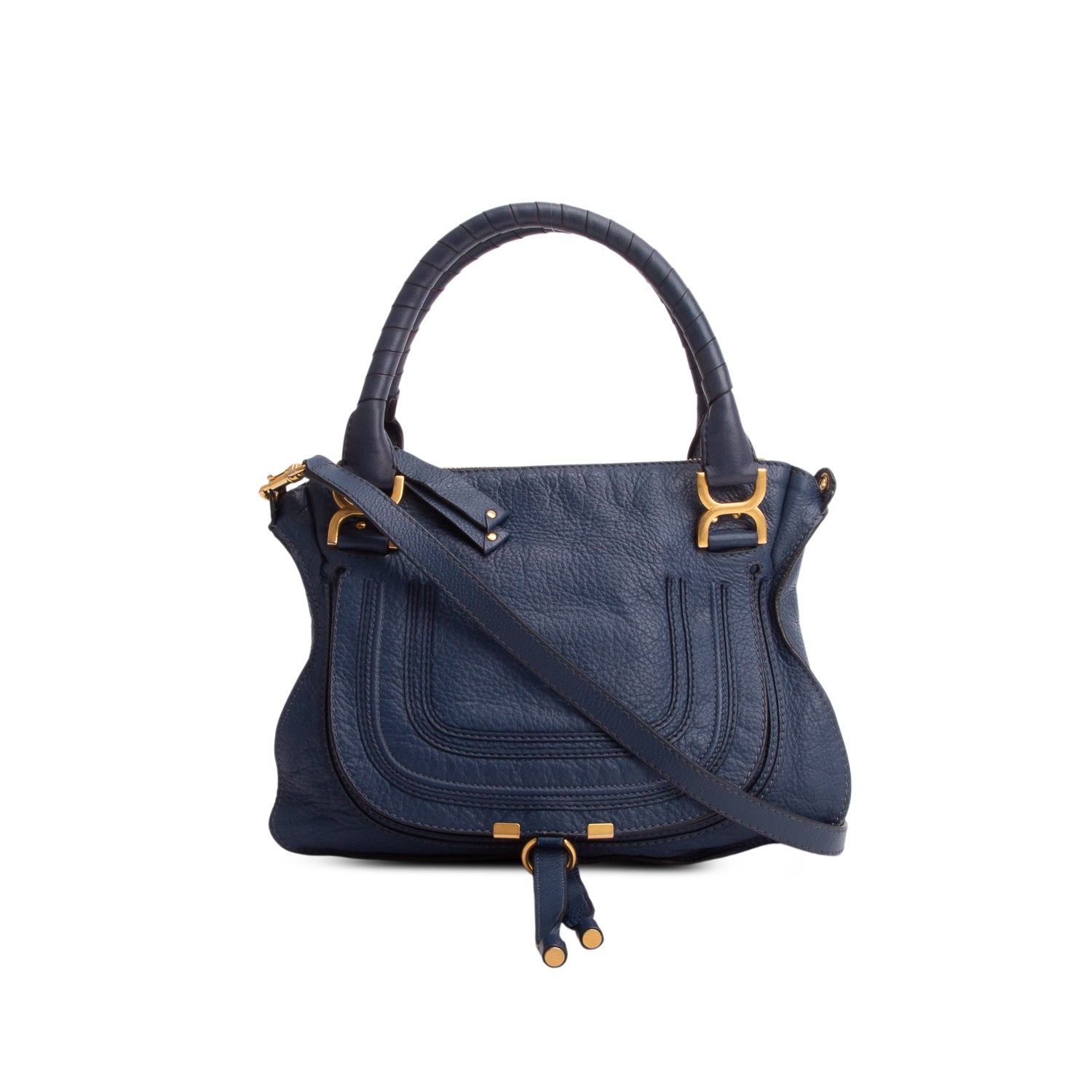 Chloe Navy Calfskin Leather Medium Marcie Shoulder Bag w/ Strap & Authenticity Card