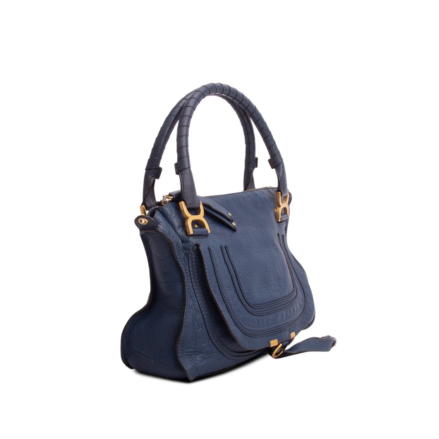 Chloe Navy Calfskin Leather Medium Marcie Shoulder Bag w/ Strap & Authenticity Card