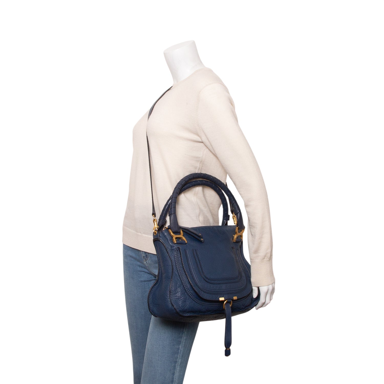 Chloe Navy Calfskin Leather Medium Marcie Shoulder Bag w/ Strap & Authenticity Card