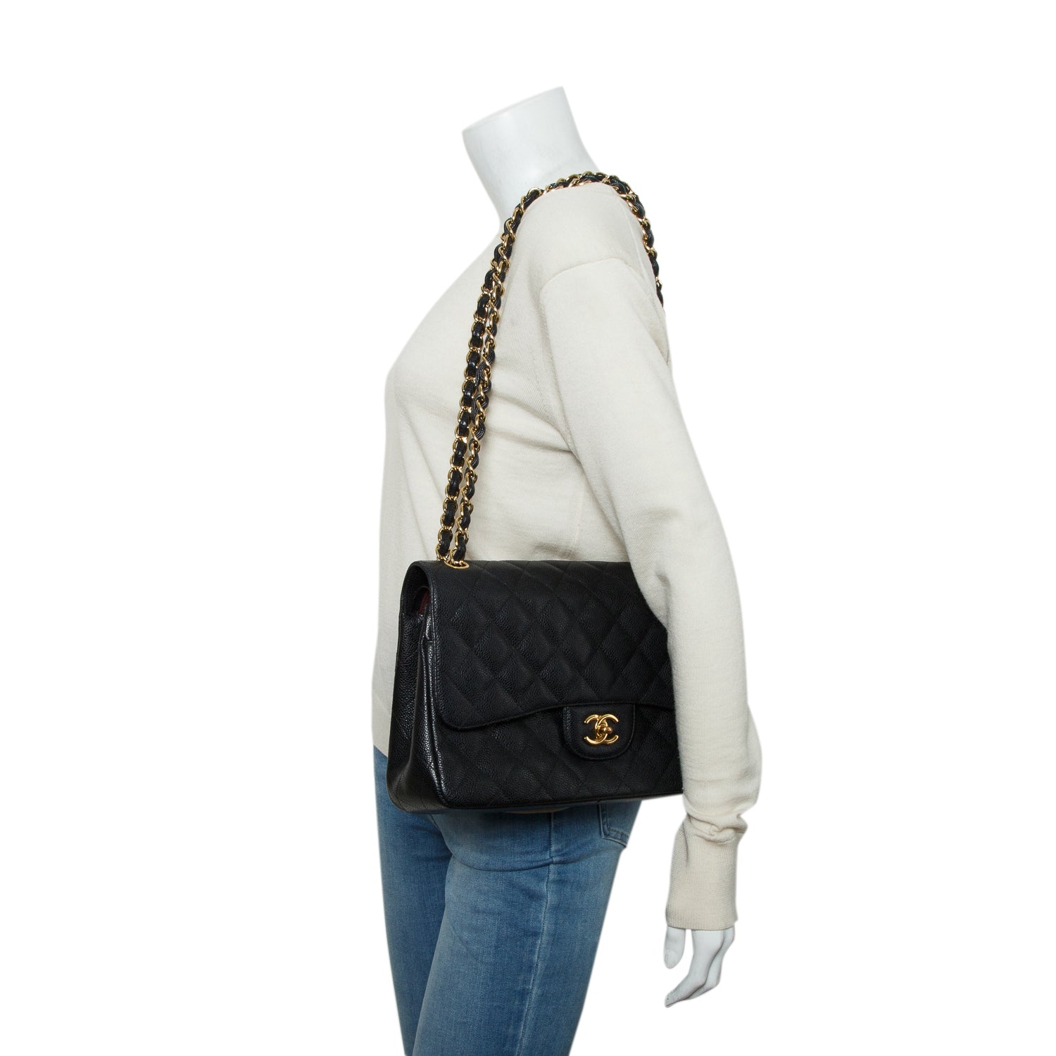 Chanel Black Caviar Quilted Leather Classic Jumbo Double Flap Bag w/ Authenticity Card