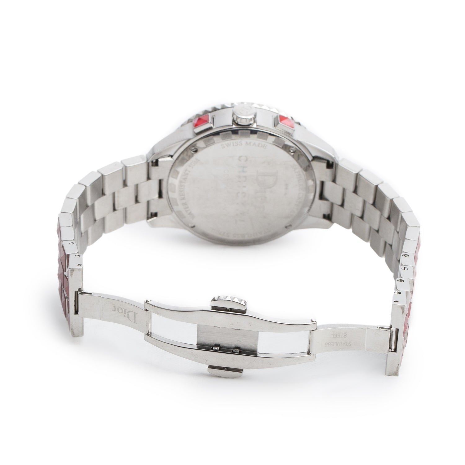 Christian Dior Stainless Steel Christal Diamond Bezel 38 MM Quartz Chronograph Watch Red Dial CD114311 w/ Papers & Extra Strap