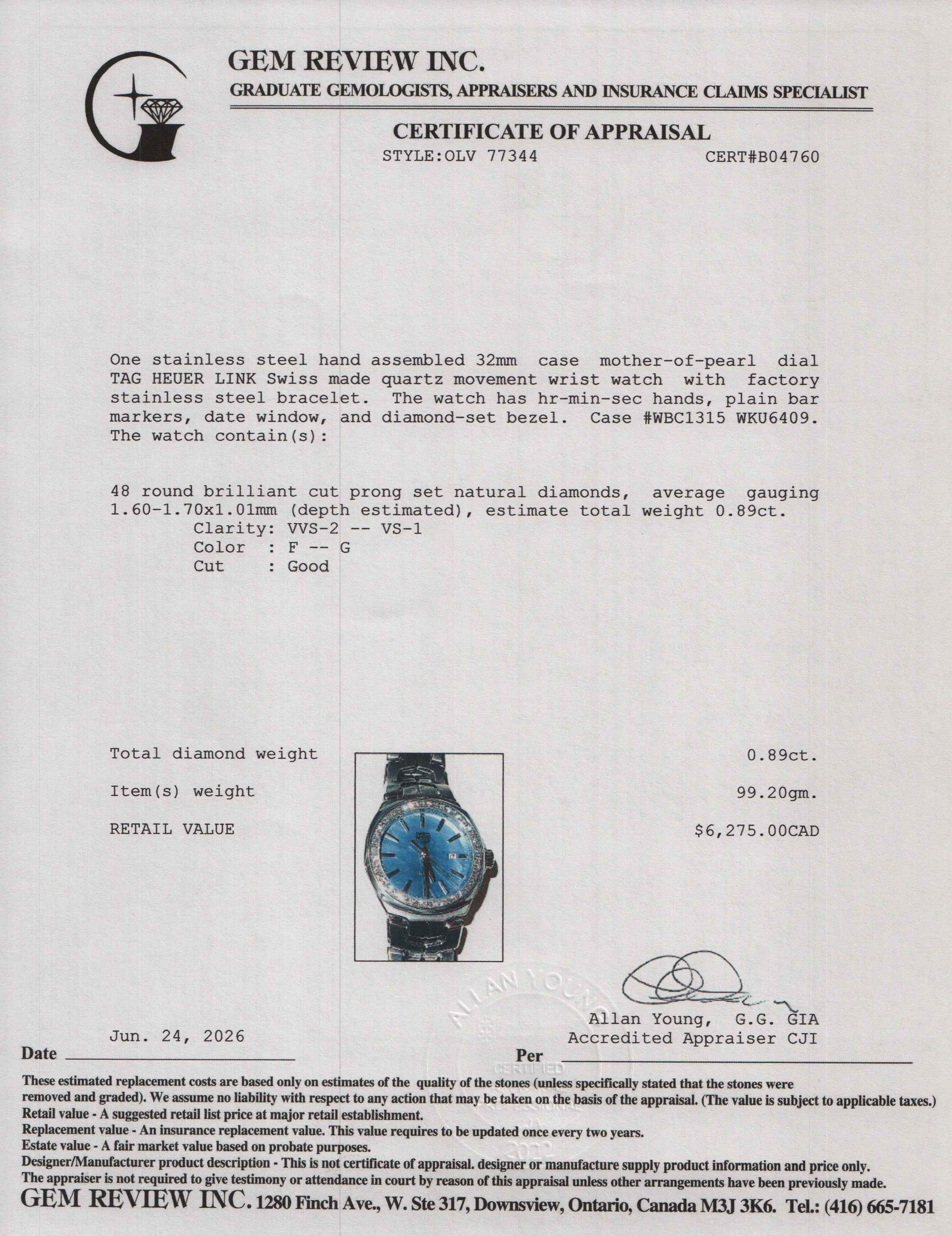 Tag Heuer Stainless Steel Diamond Bezel Link 32 MM Quartz Watch Blue Mother of Pearl Dial WBC1315 w/ Box & Papers