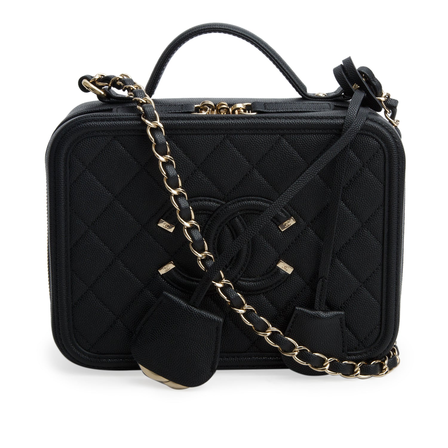 Chanel Black Caviar Quilted Leather CC Filigree Medium Vanity Case w/ Authenticity Card