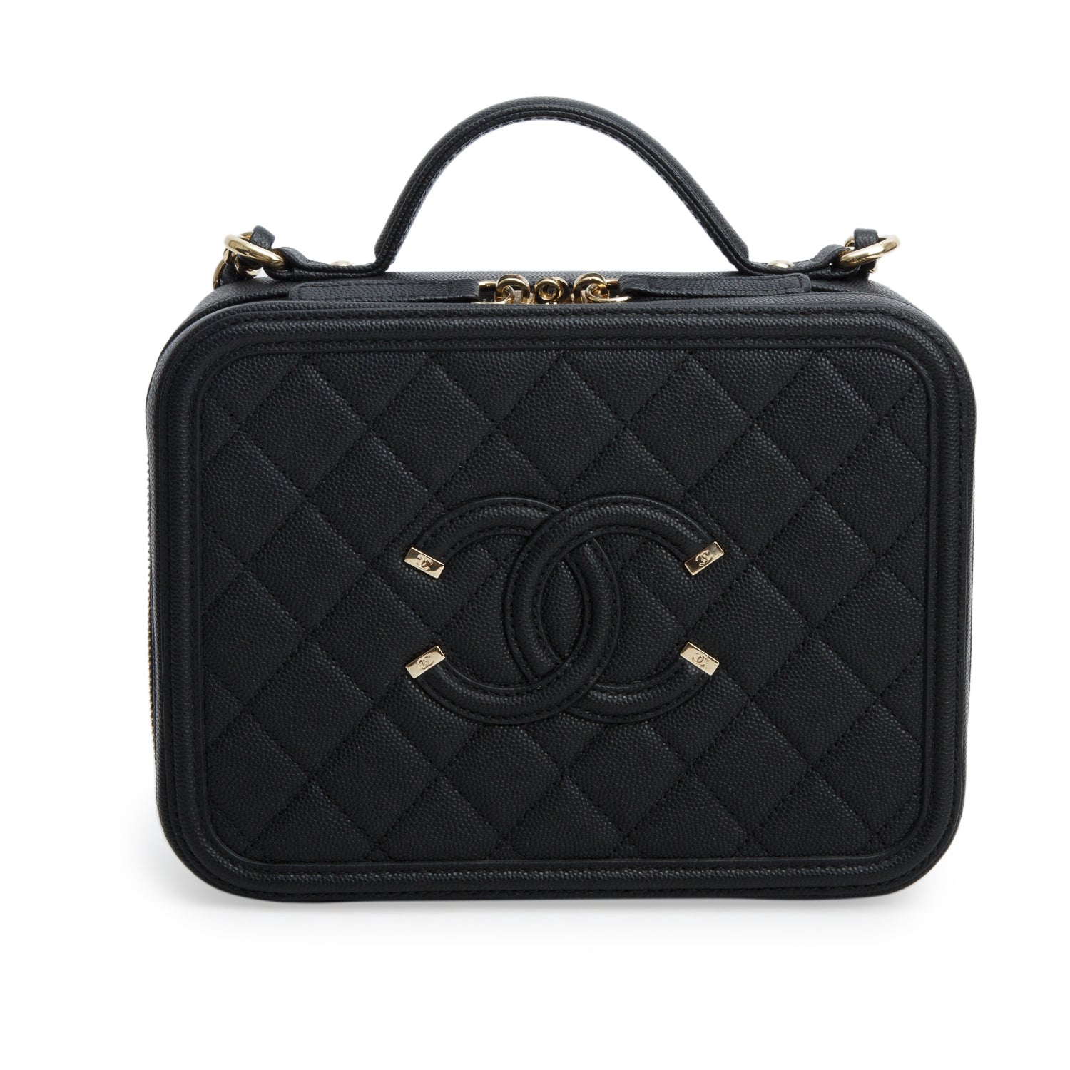 Chanel Black Caviar Quilted Leather CC Filigree Medium Vanity Case w/ Authenticity Card