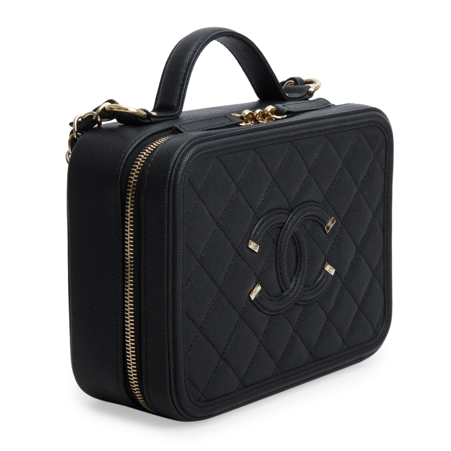 Chanel Black Caviar Quilted Leather CC Filigree Medium Vanity Case w/ Authenticity Card