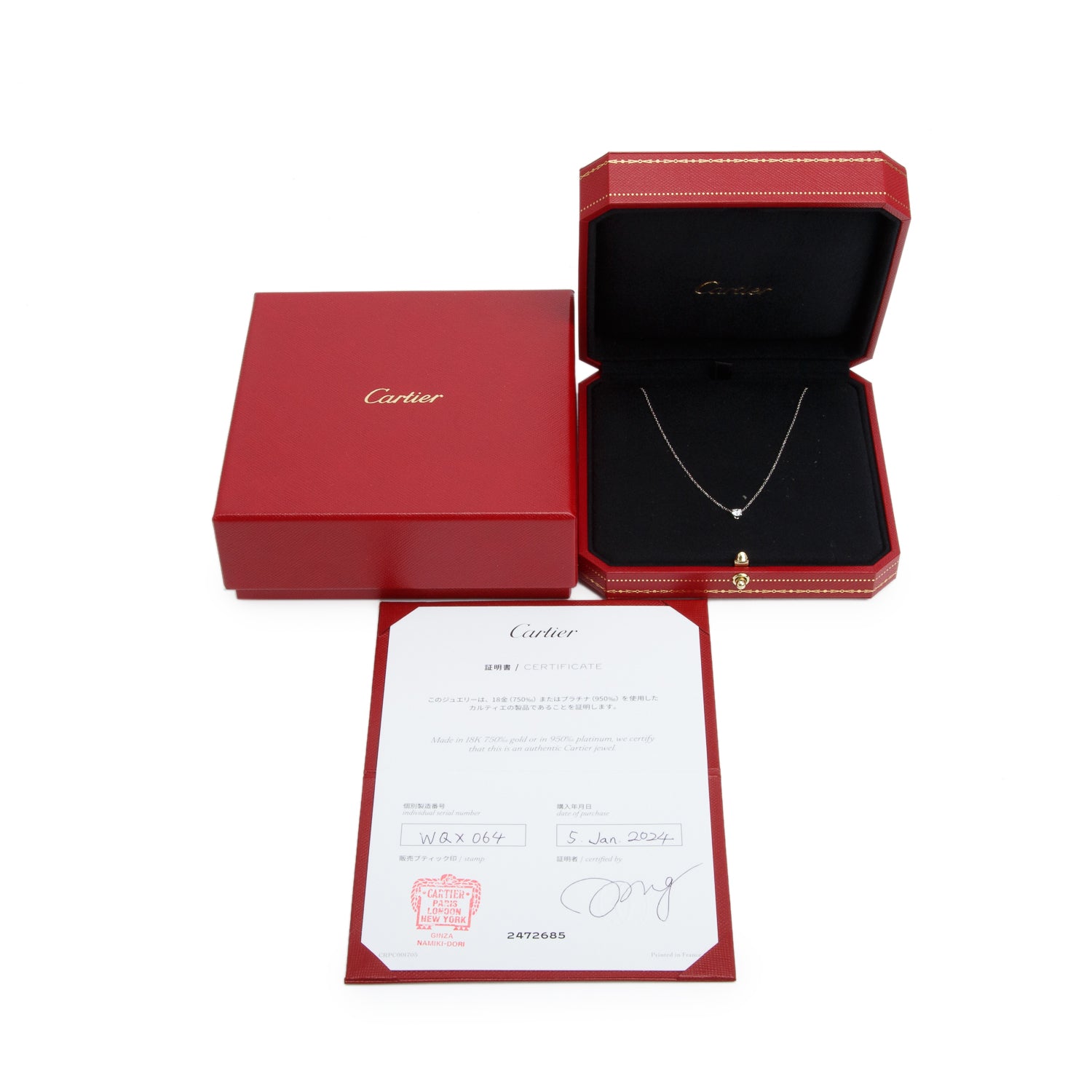Cartier  2024 18k White Gold 1895 0.20 ct. Diamond Pendant Necklace w/ Box, Receipt, Certificate & GIA